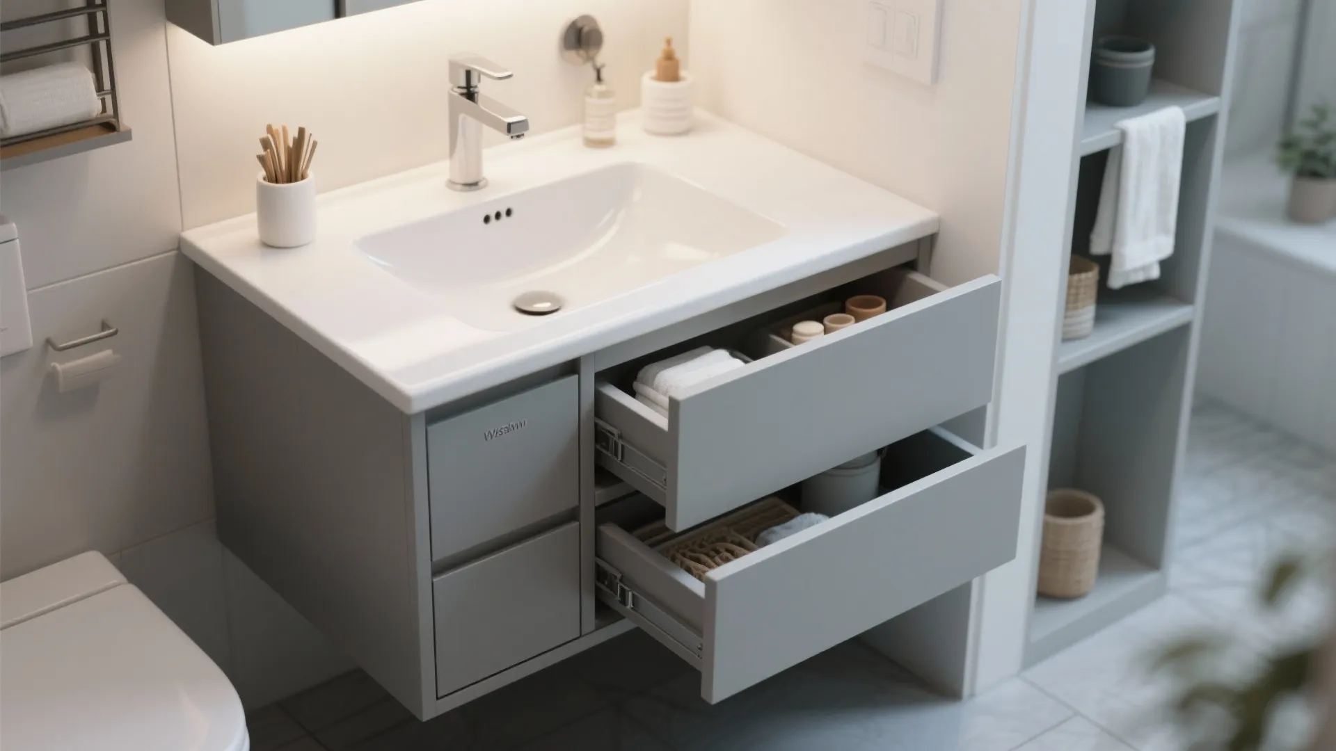 Grey bathroom vanity with open drawers showing organized storage for towels and small personal items