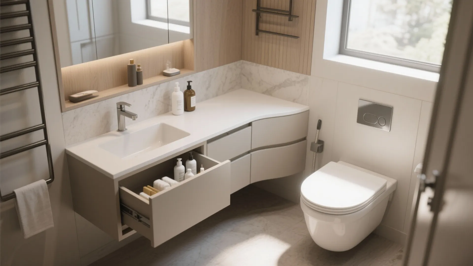 Modern bathroom with beige curved cabinet open drawer storage white toilet and marble wall design