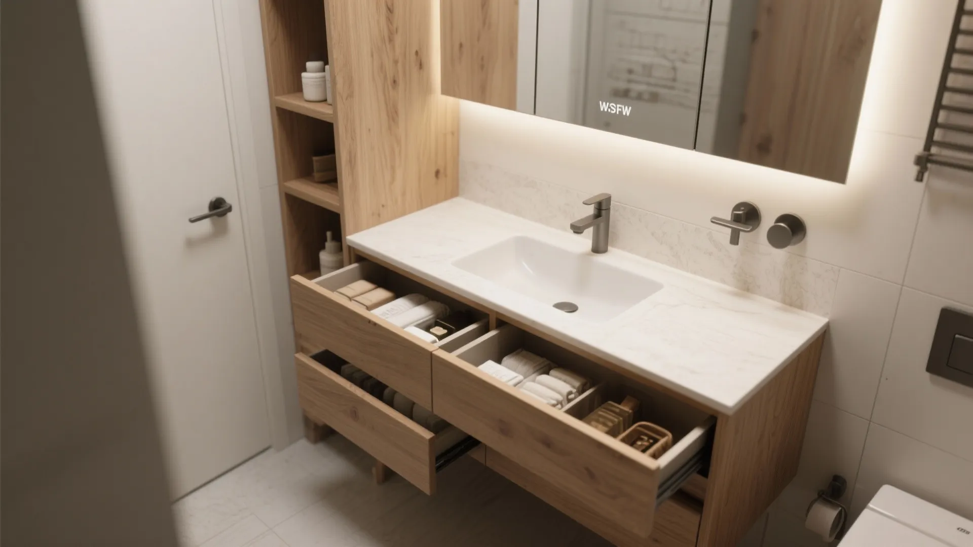 Wooden bathroom sink cabinet with open drawers showing organized towels and small personal care items