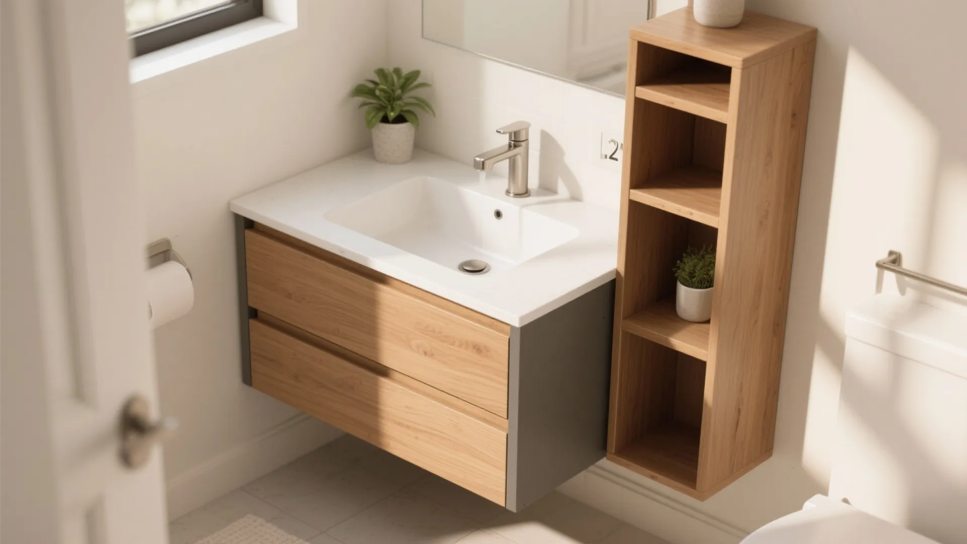 24-inch modular vanity with slim sink and 12-inch storage tower in a small alcove, warm wood finish and soft daylight.