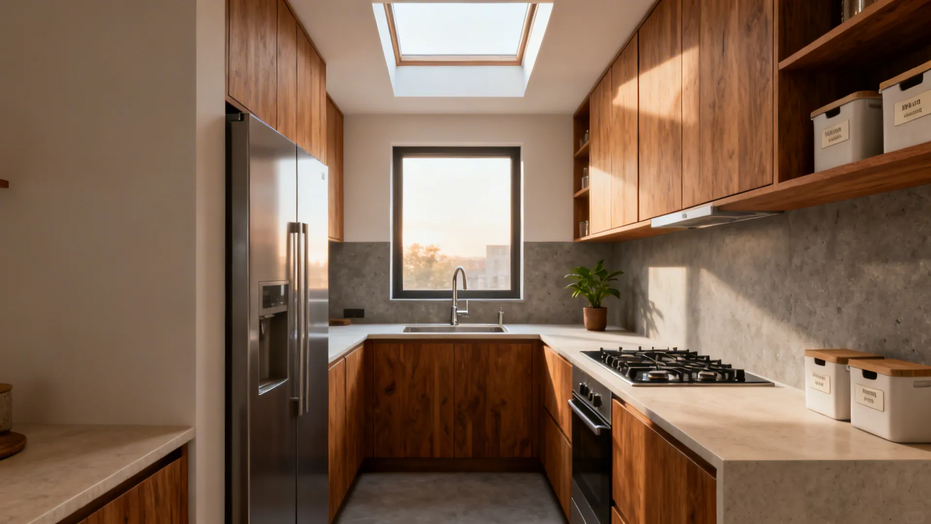 Modern wooden kitchen with stainless steel fridge and roof window showing bright natural morning light
