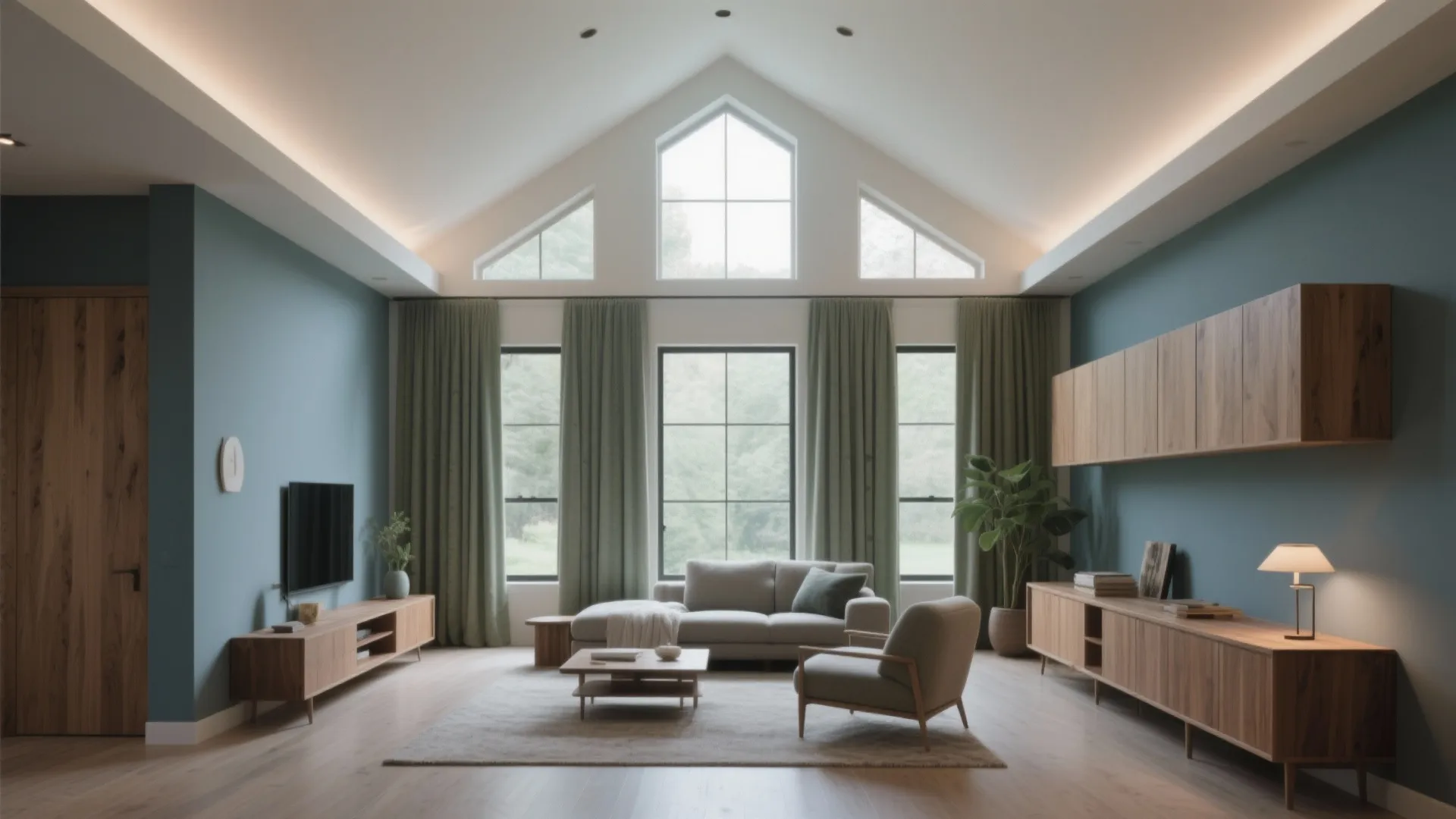 Modern living room with blue walls wooden furniture vaulted ceiling large windows and a grey sofa