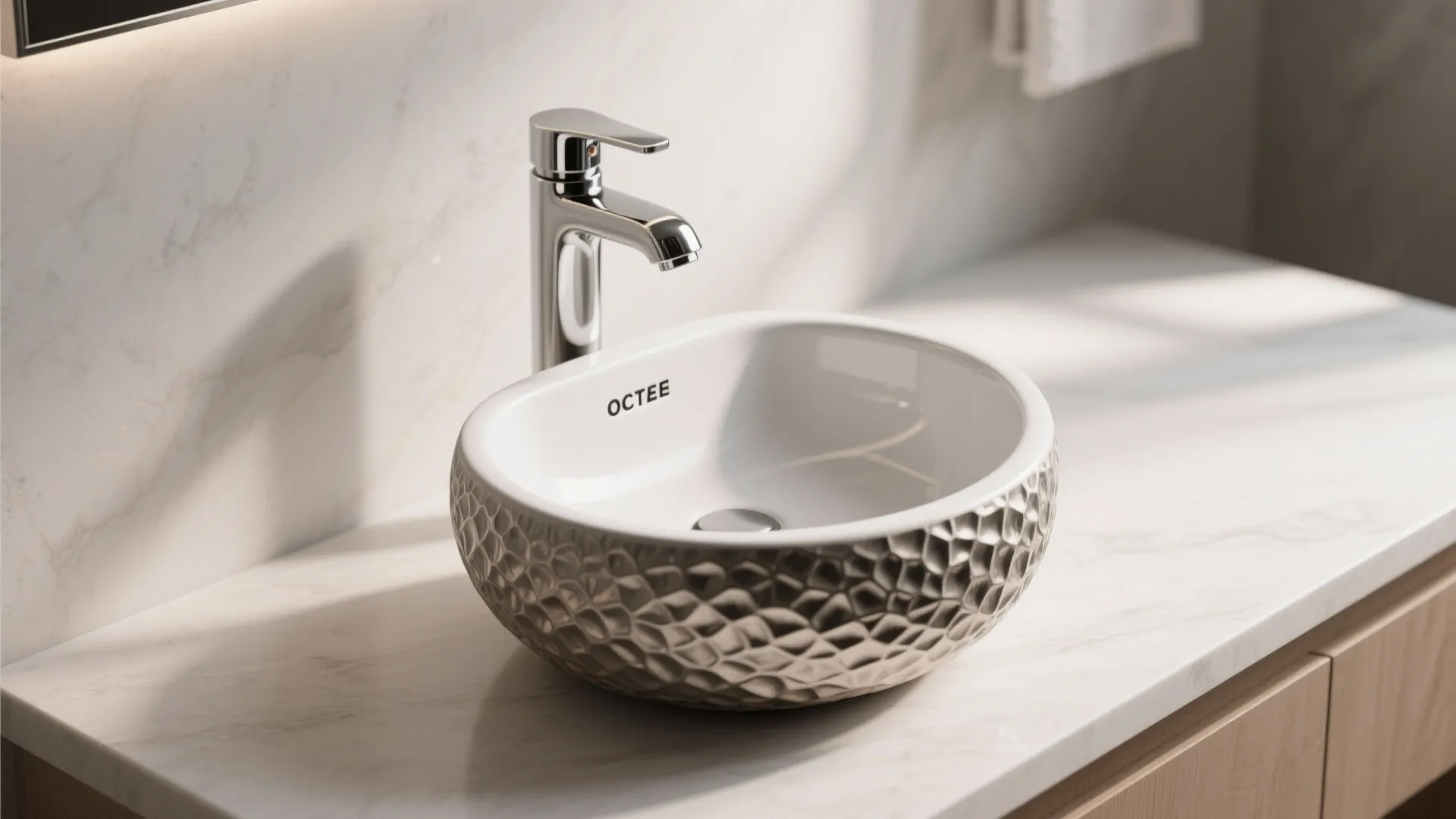 Round white bathroom wash basin with textured silver exterior on marble counter with chrome faucet