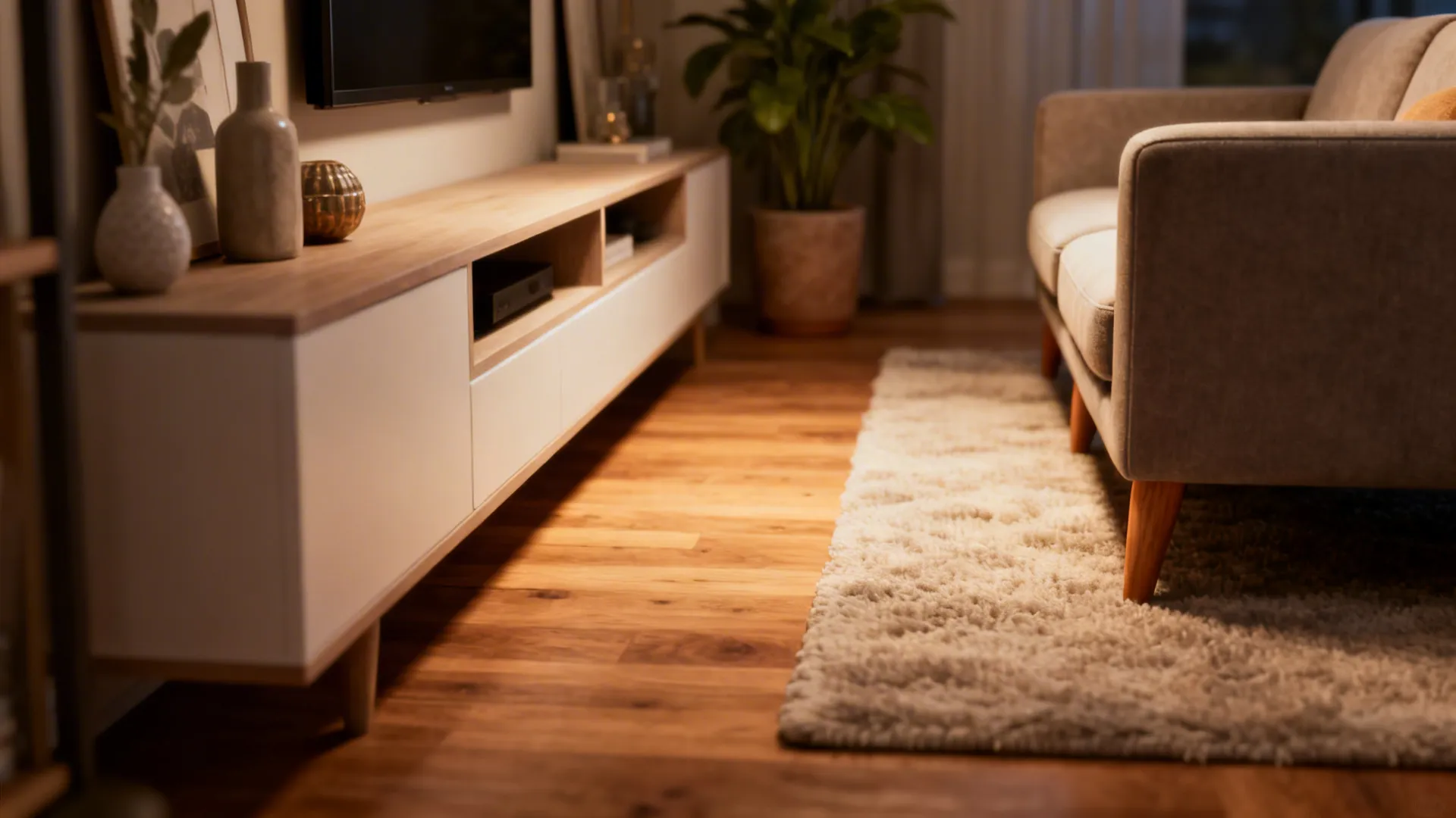 Detail of a compact living room with a two-seater sofa, floating shelf and narrow media console.