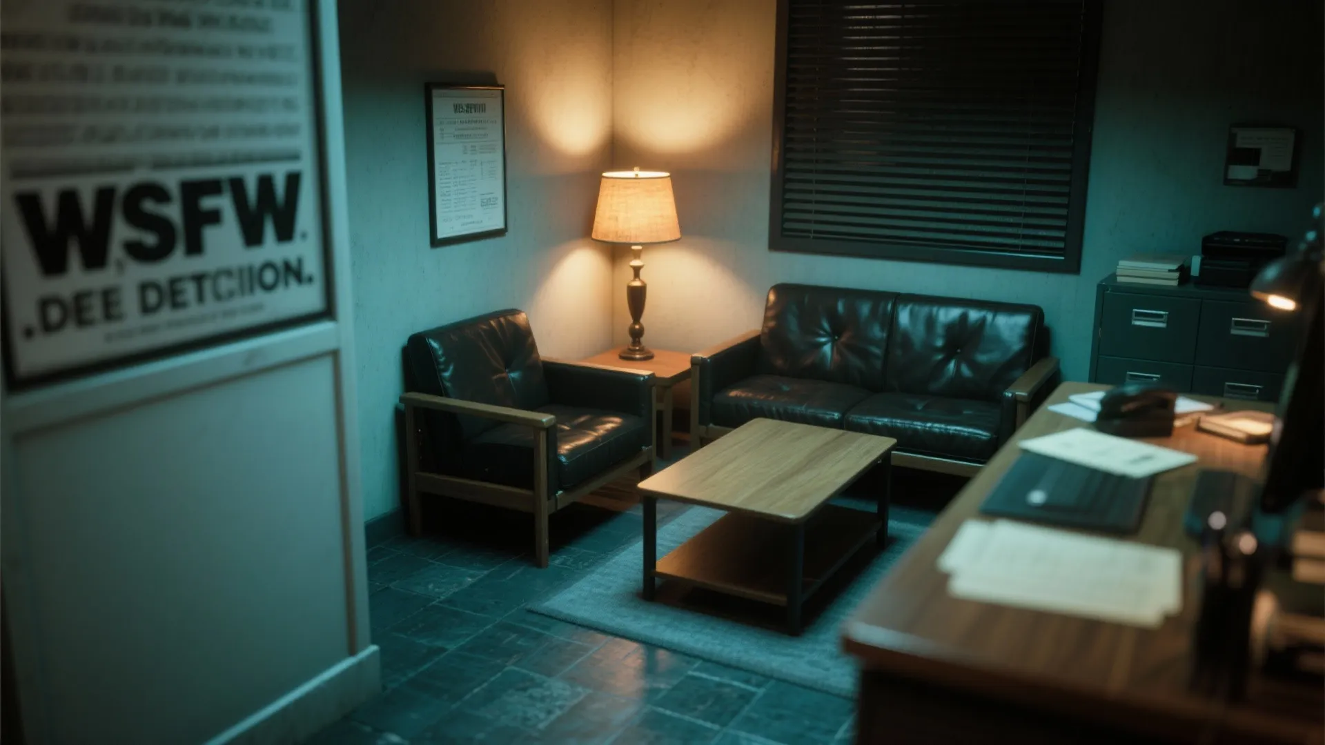 Dark office waiting area featuring black leather sofa with wooden coffee table and floor light