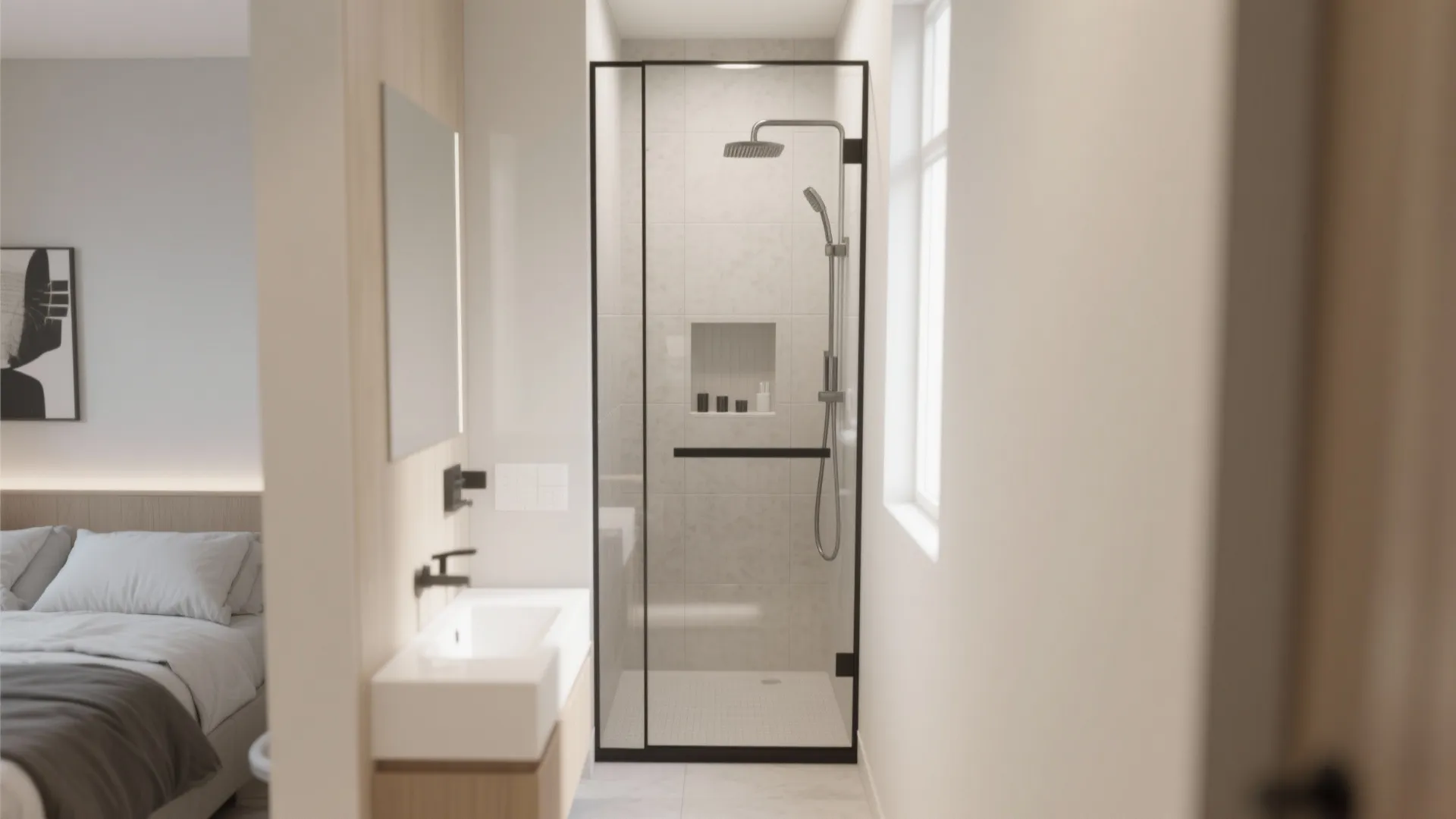 Small walk in shower area with black frame glass door white tiles and silver shower
