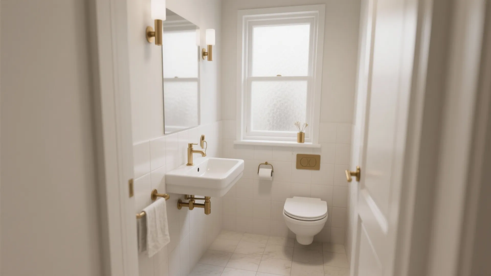 Tiny powder room with a compact wall-mounted white vanity and reinforced brackets