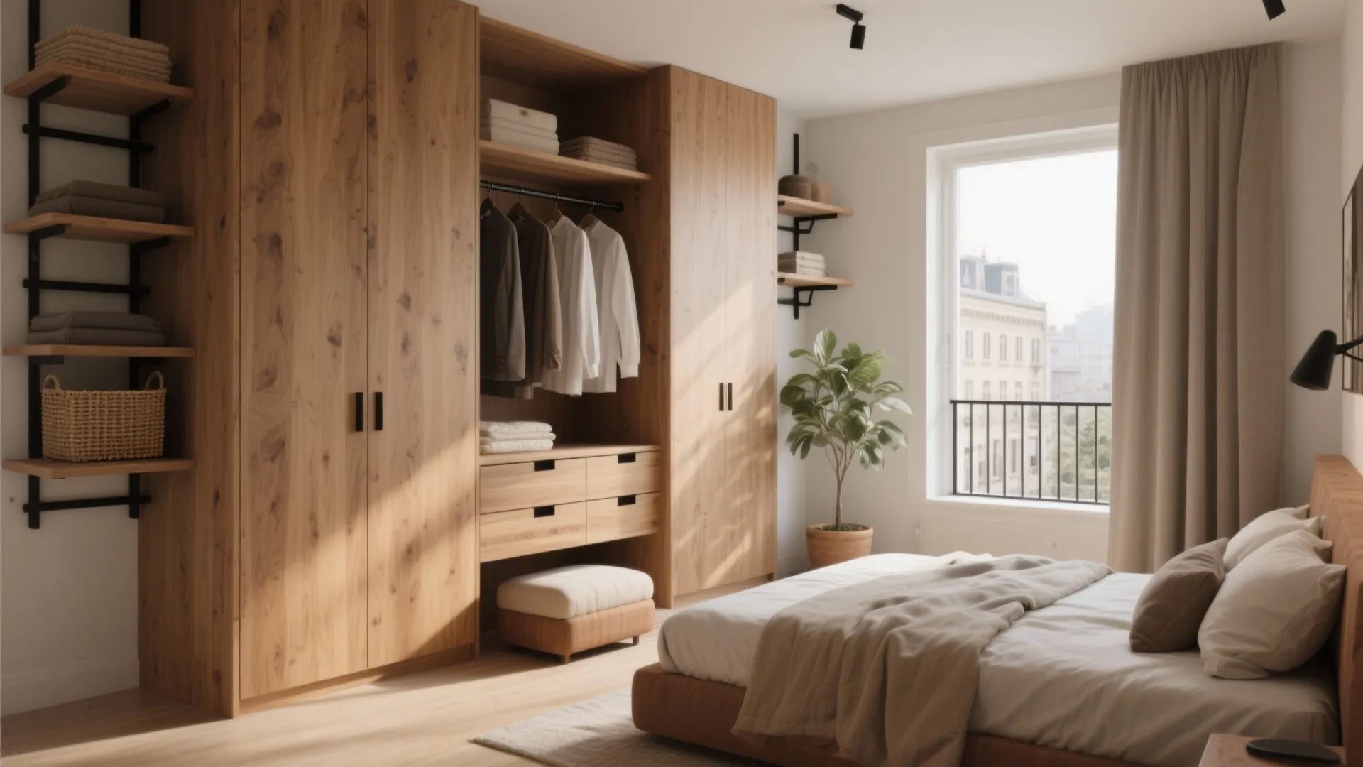 Modern bedroom featuring a large wooden wardrobe with open shelves next to a white bed sheet