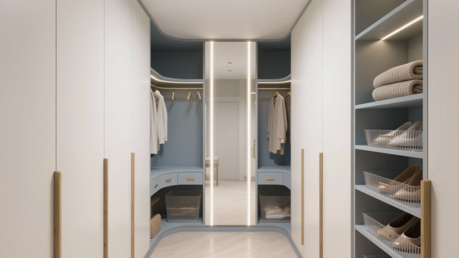 Modern blue and white walk-in wardrobe with tall cabinets mirror light fixture and organized shelves