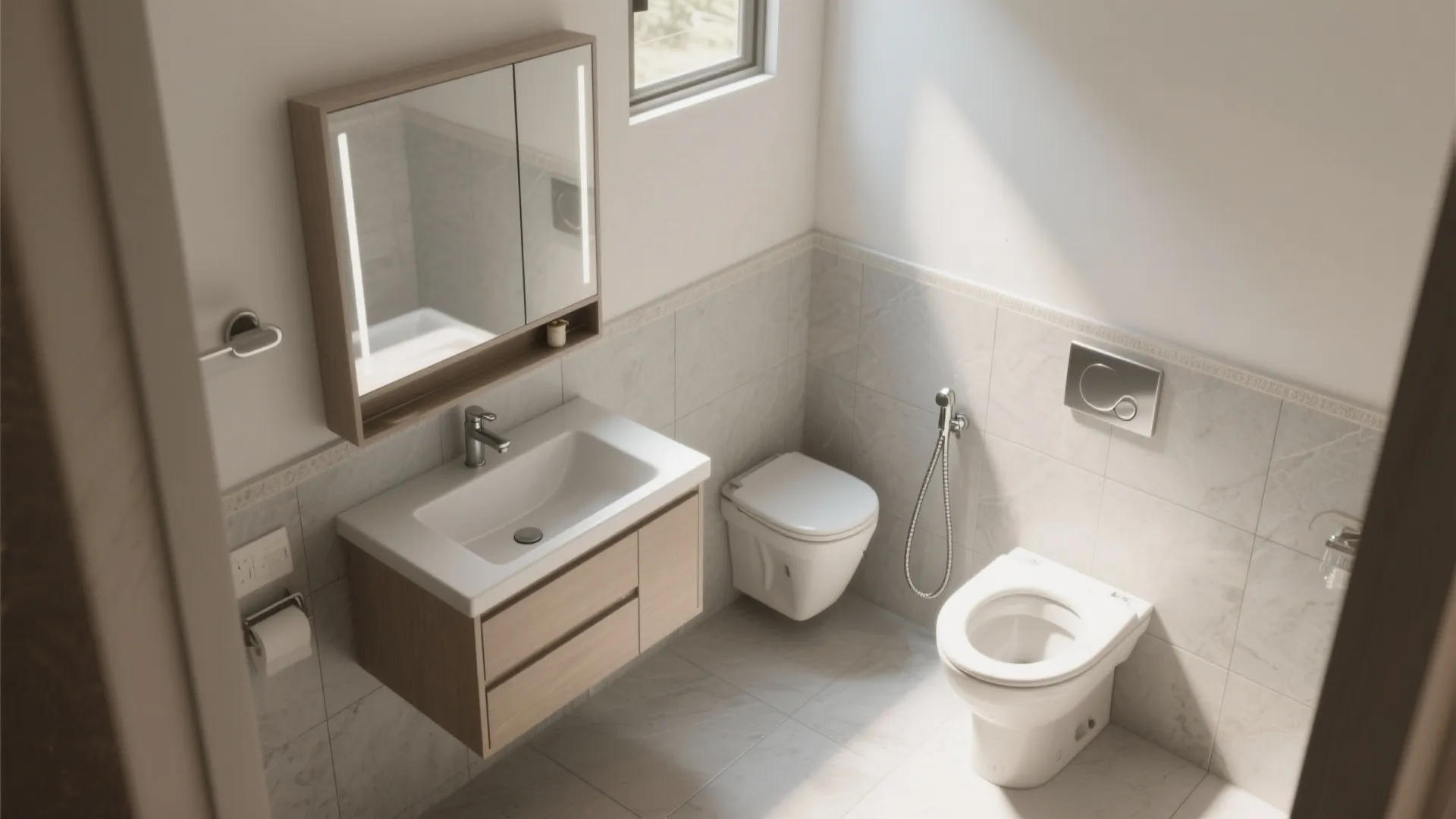 Small modern bathroom with a white sink cabinet mirror light toilet and light grey tiles