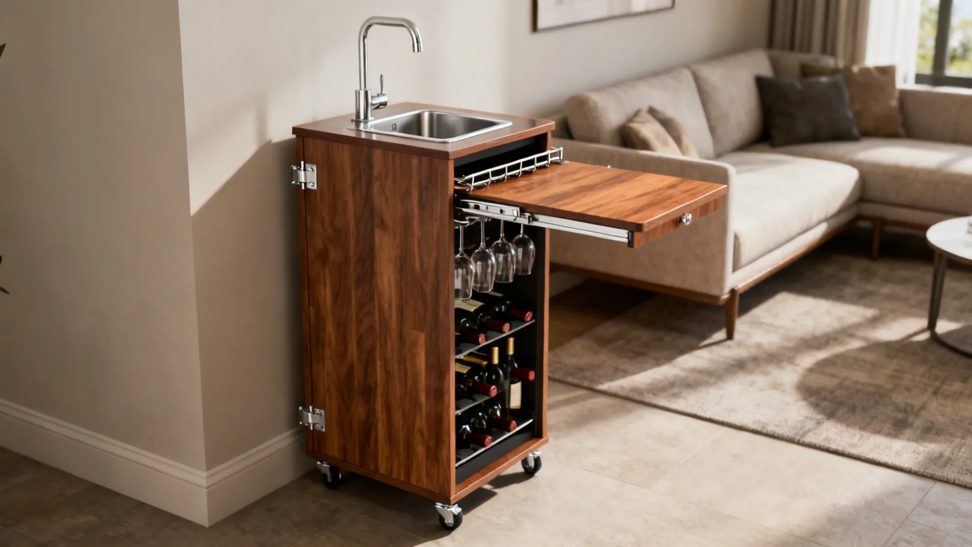 Compact mobile wet bar cabinet with built-in sink and fold-down workspace