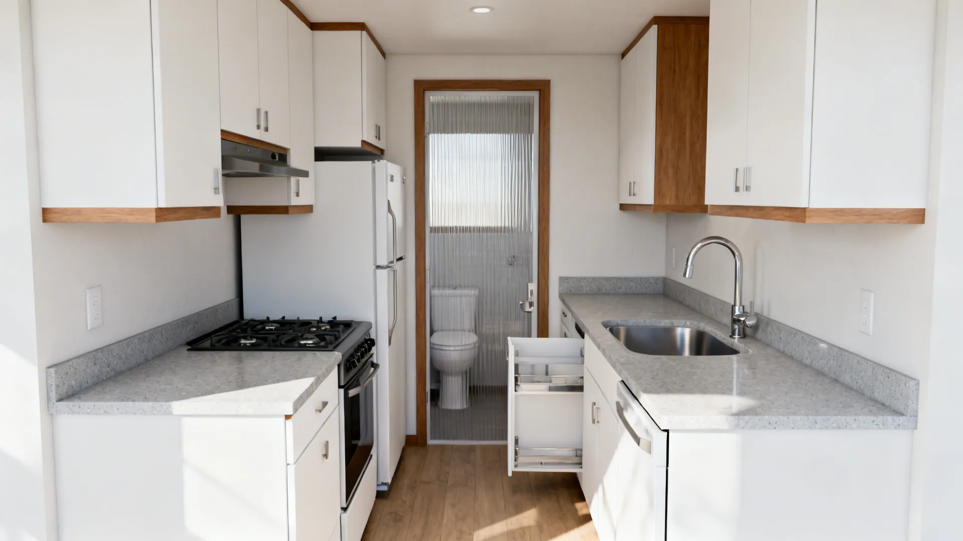 Small white kitchen with wooden trim grey counters stove fridge and view of a bathroom