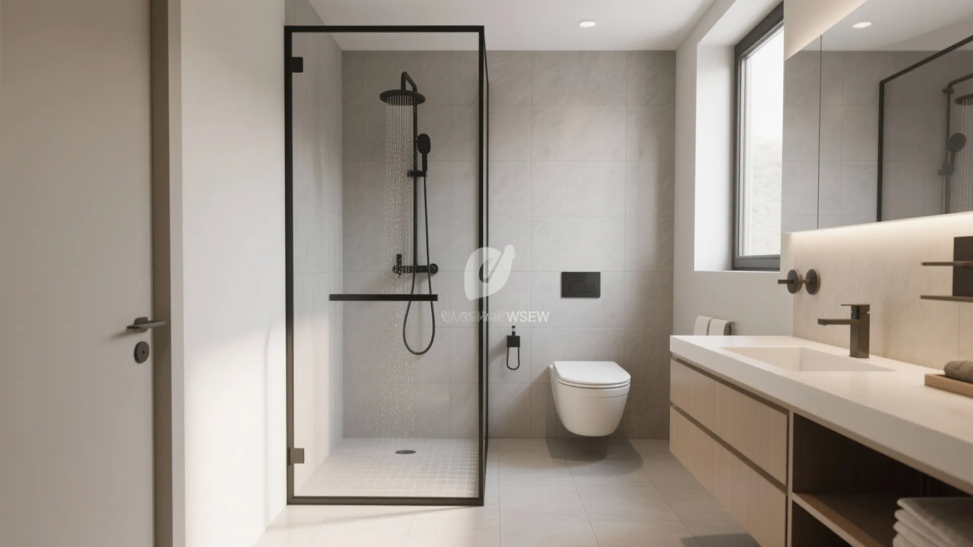 Compact wet room with integrated shower and toilet