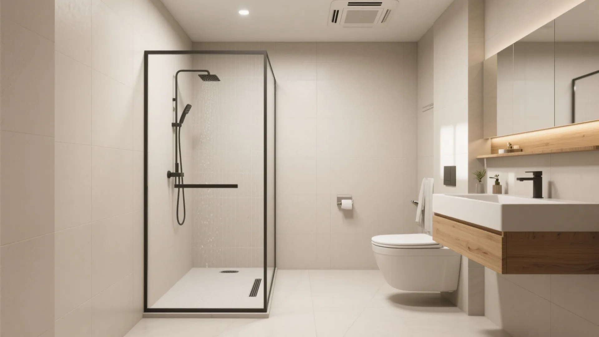 Modern bathroom with glass shower door black light fixture wooden sink cabinet and white toilet