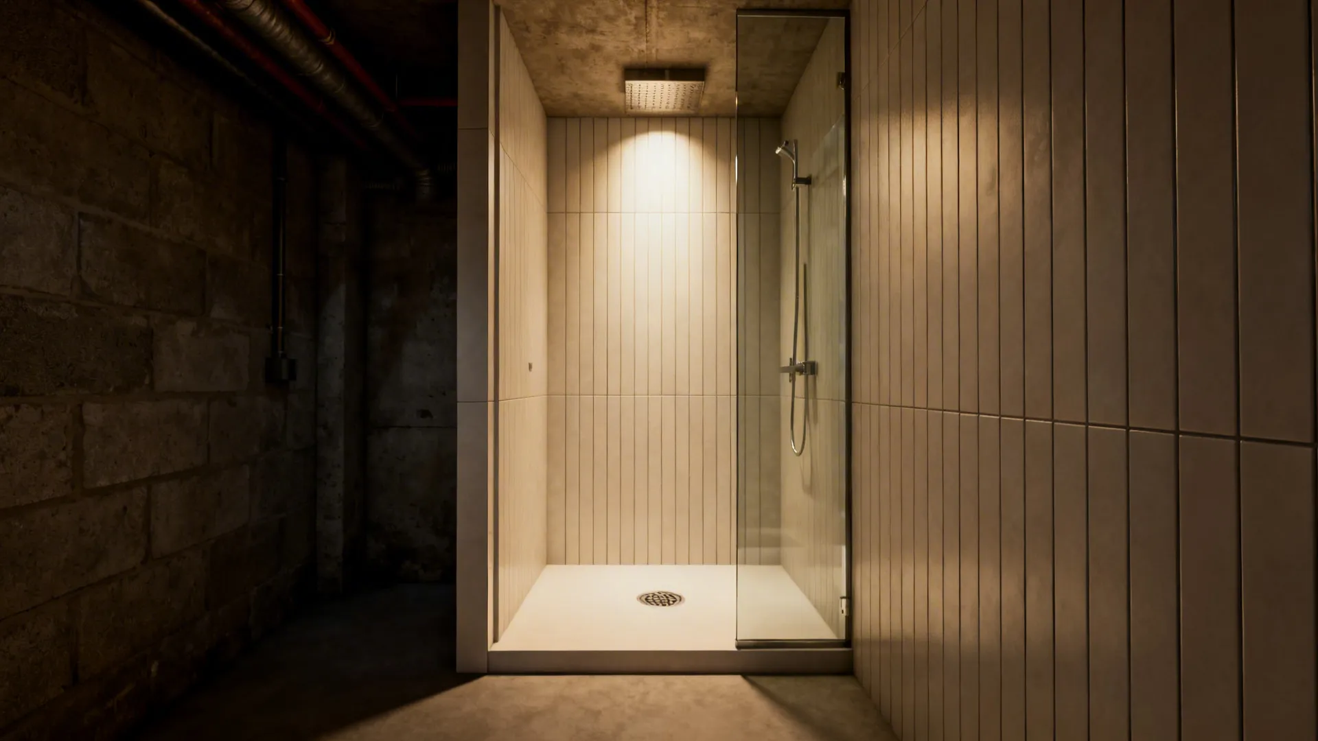 Basement wet room with full-height water-resistant finishes and open drainage
