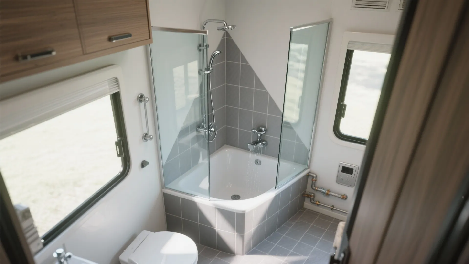 Compact bathroom design with a small bathtub shower combination grey wall tiles and white toilet