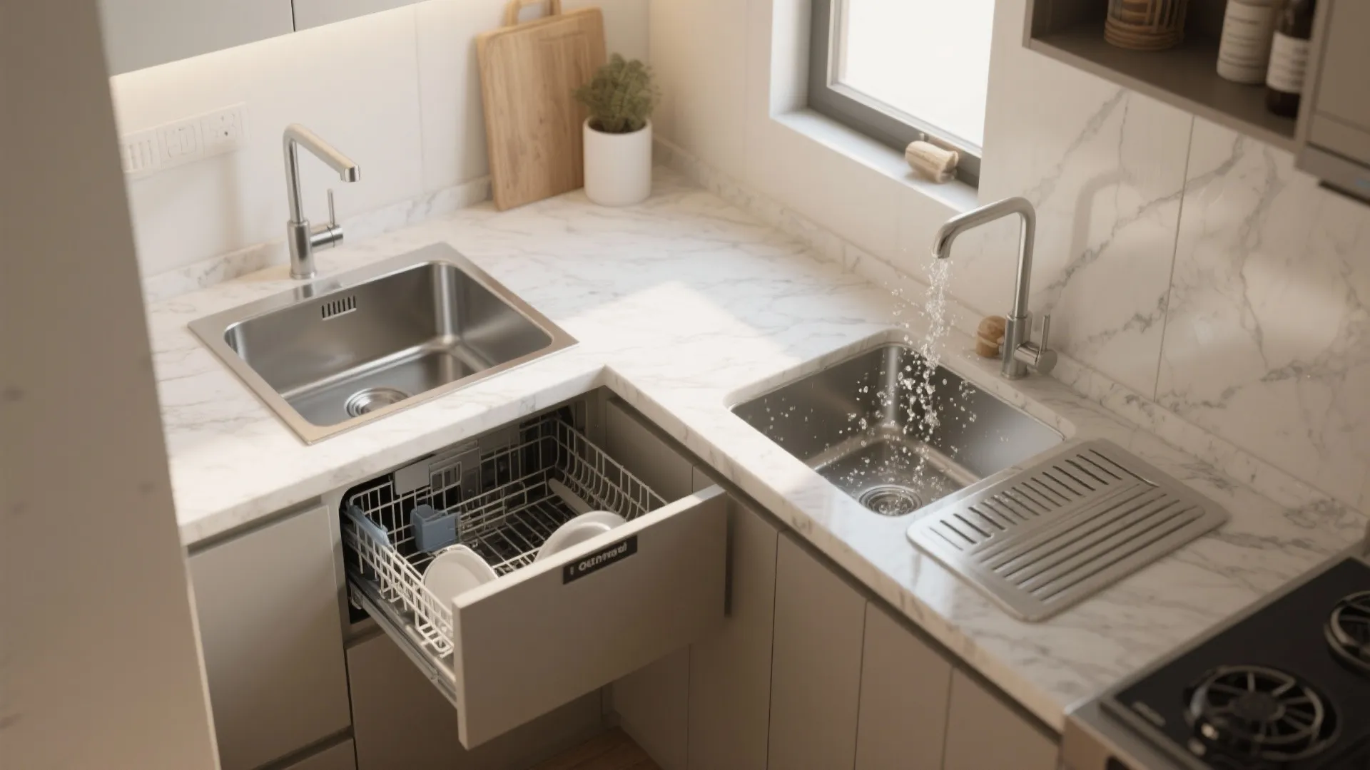 Small kitchen corner with marble countertop two sinks and an open dishwasher showing white plates
