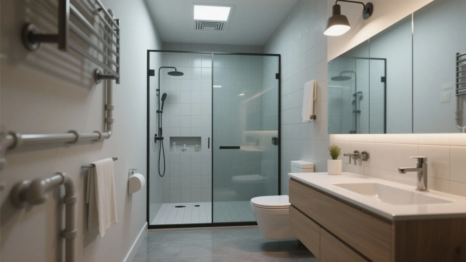 Compact double-bath layout with wet-room guest bath and glass partition in a small home