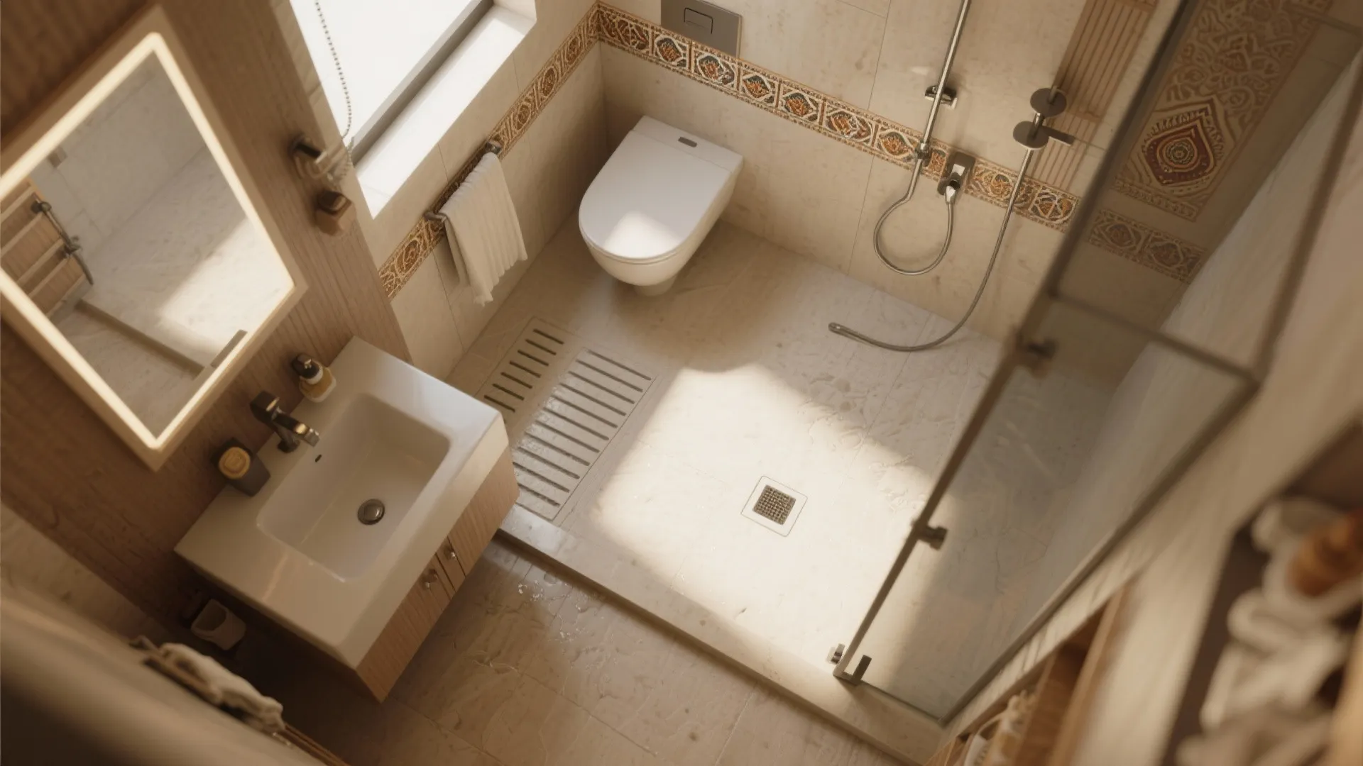 Modern wet room layout with white toilet and sink plus walk in shower and patterned tiles