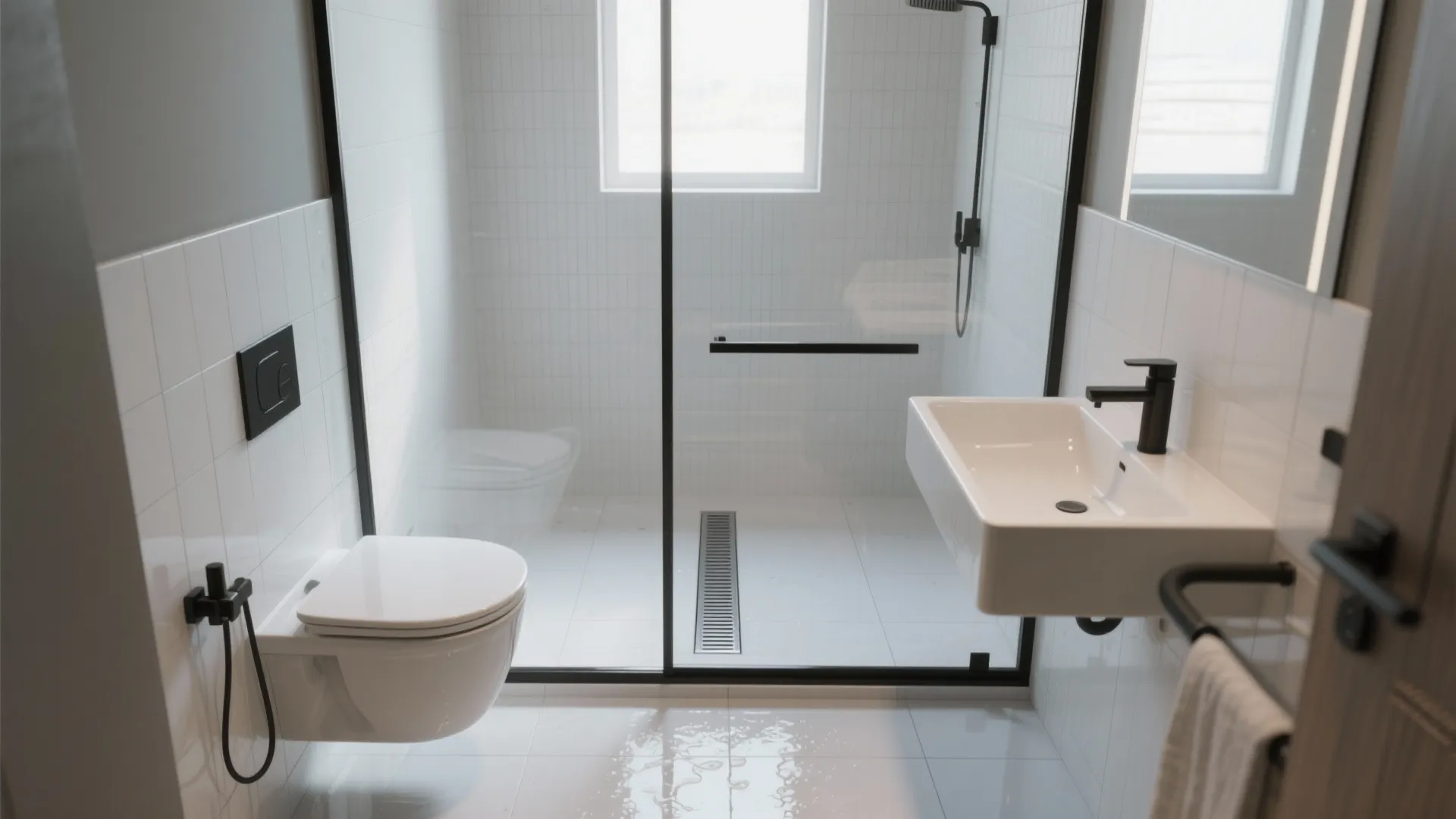 Modern white bathroom with floating toilet sink glass shower door and black metal light fixtures