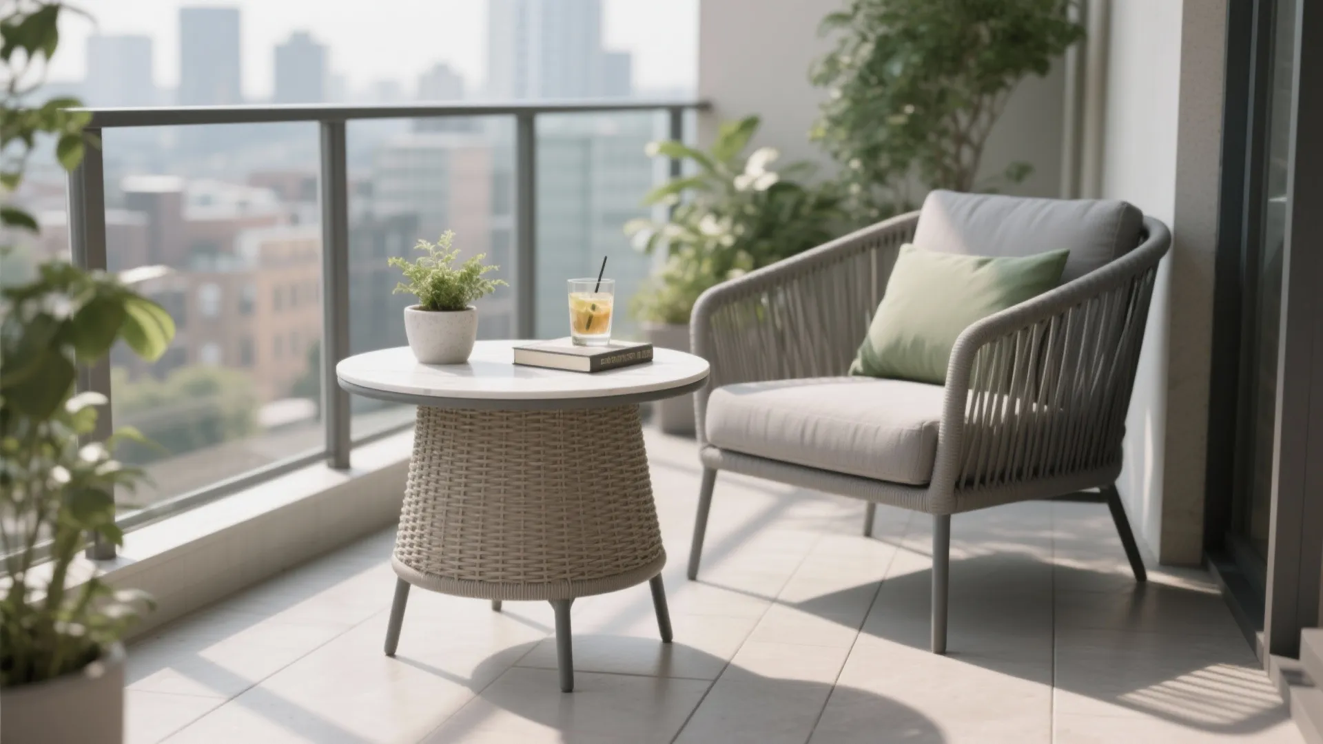 Modern balcony with wicker chair green pillow small round table book and drink in sunlight