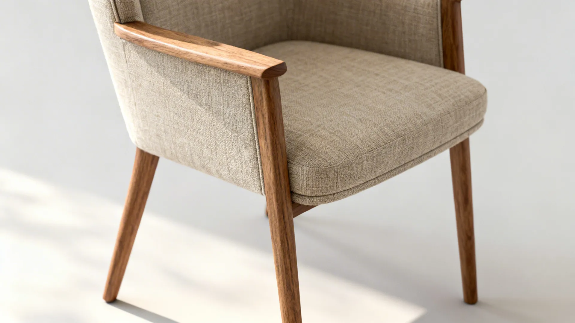 Close-up of a slim-profile wingback chair showing wood legs and linen upholstery texture.