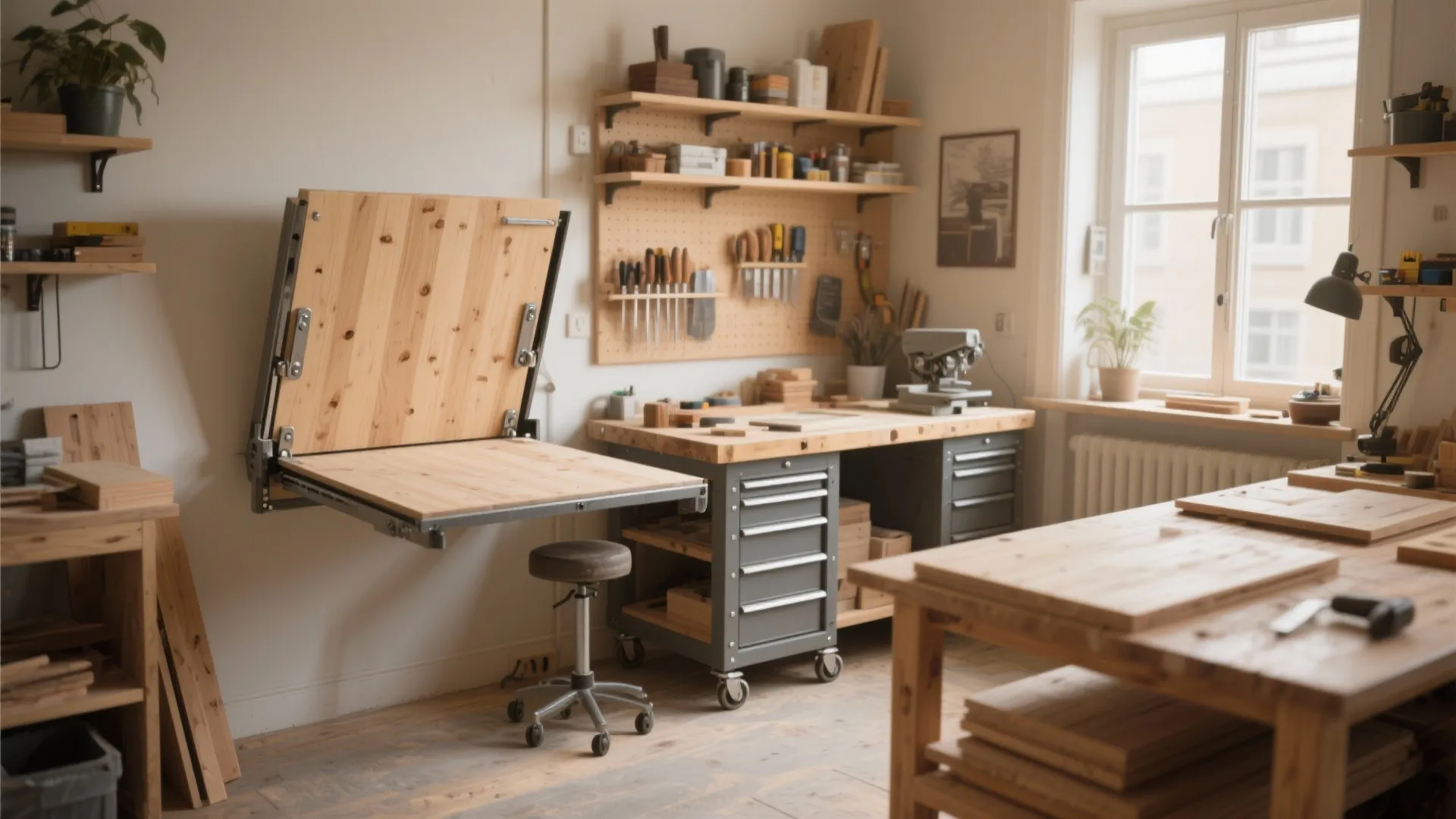 Wood workshop featuring a folding wall desk tool storage on pegboard stool and bright window