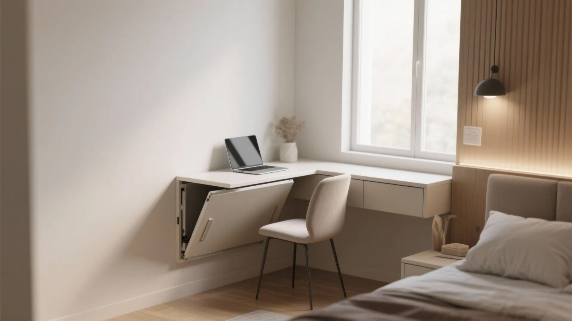 Small bedroom corner workspace with fold-down desk.