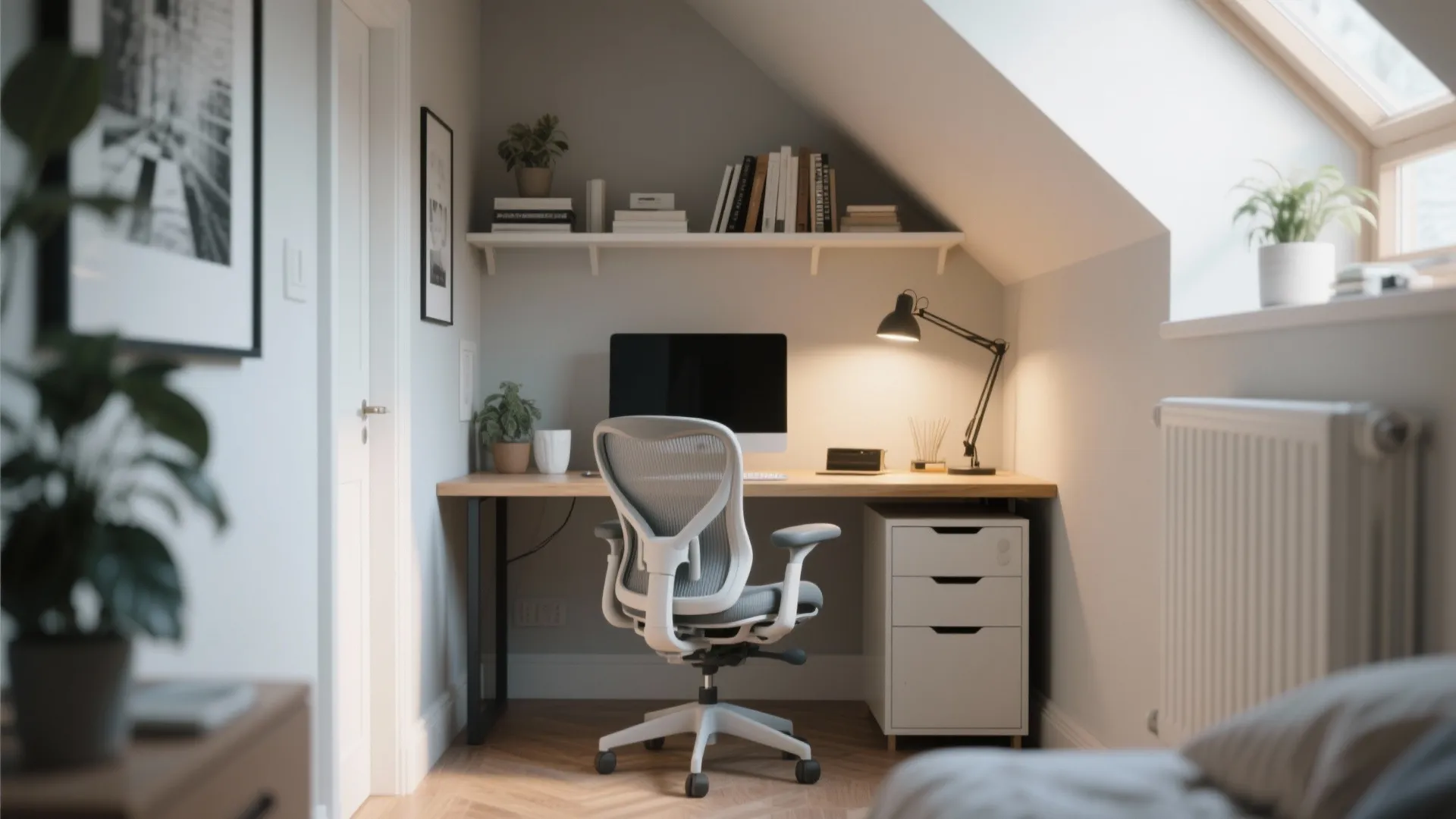 Small corner desk setup with ergonomic chair and lamp