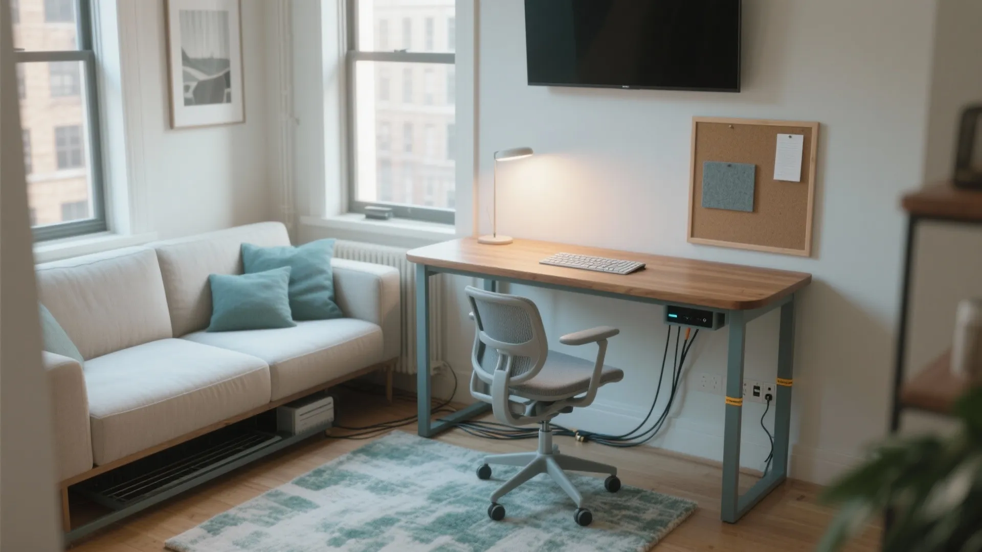 Modern home office with wooden desk grey chair white sofa green rug and wall light