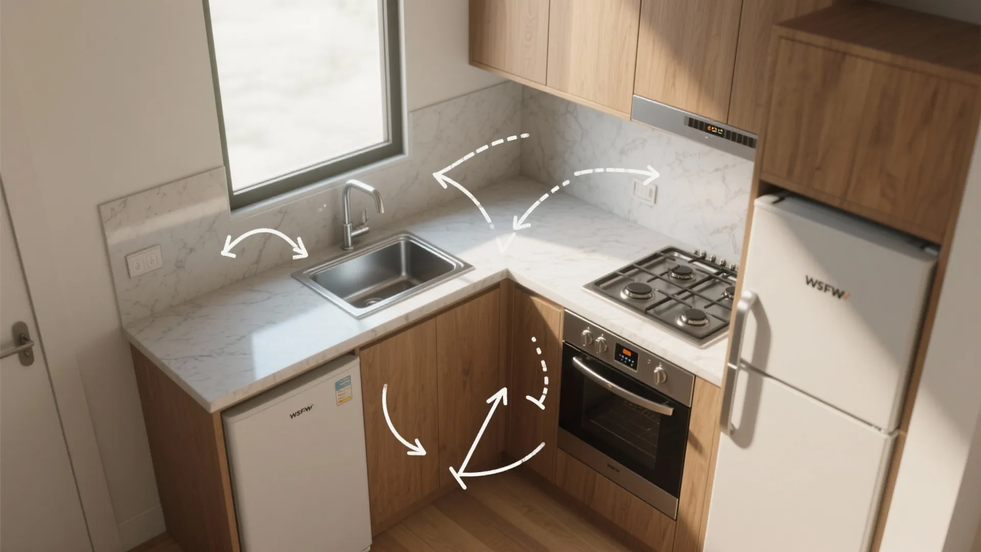 5. Compact Work Triangle — Align stove, sink, fridge for tiny kitchens
