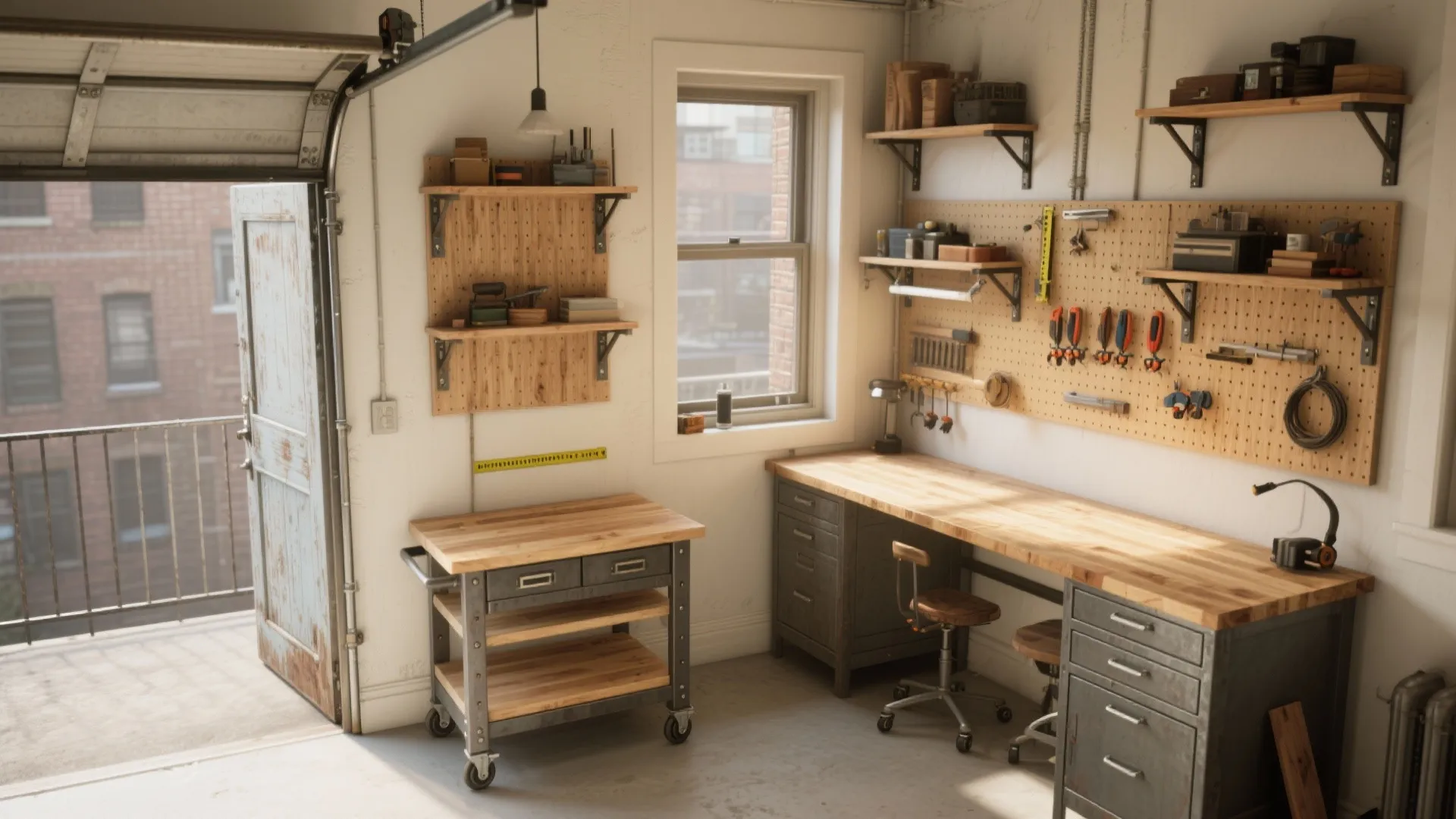 Well organized garage workshop with wooden workbenches metal cabinets wall shelves and natural window light