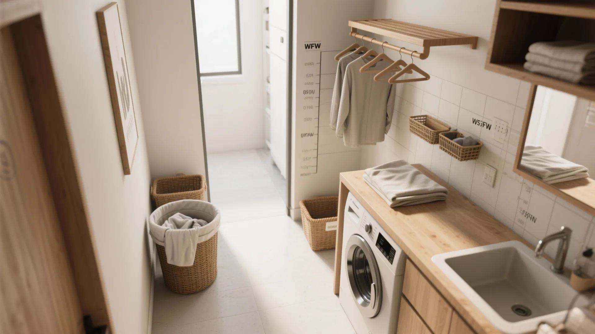 Modern laundry room with washing machine wooden counter white sink hanging clothes and storage woven baskets