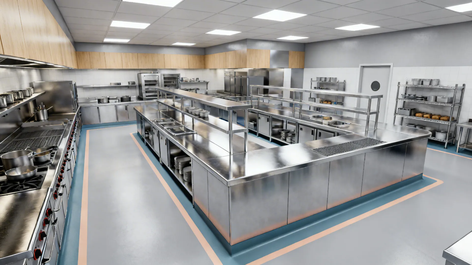 L-shaped commercial kitchen showing a clear prep–cook–hold–dispatch loop with color-coded flow lines.