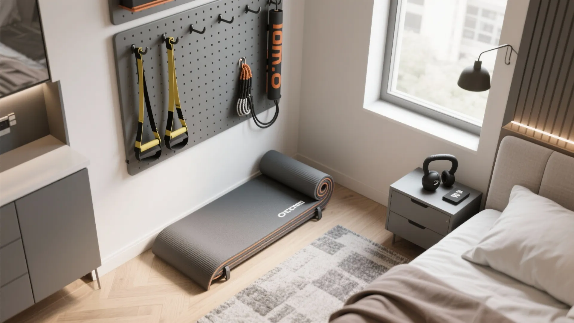 Home gym corner in bedroom with yoga mat, wall pegboard, kettlebell, and grey bedside table