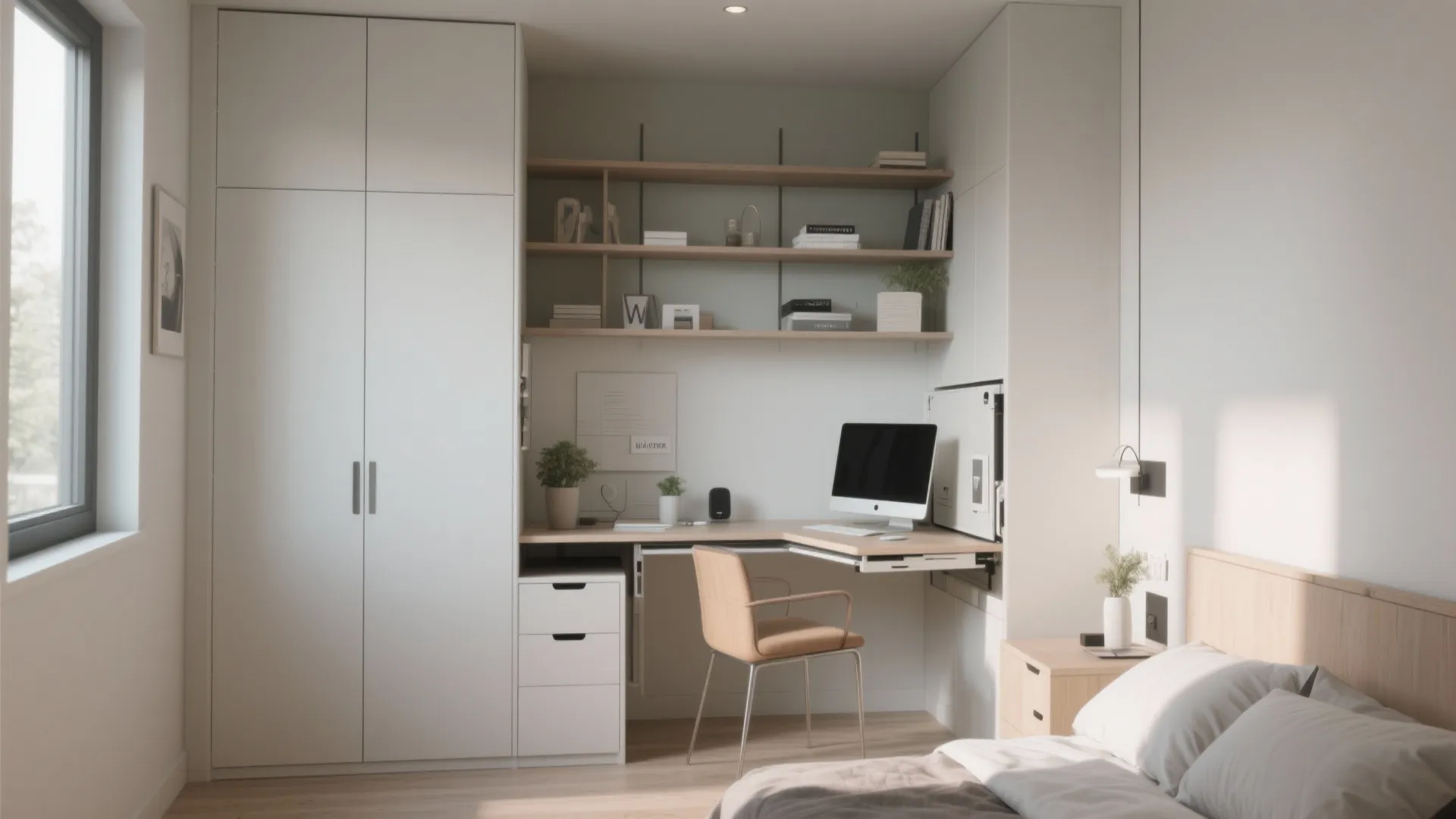 Small home office corner with a desk, computer, white wardrobe, wooden shelves, and natural light