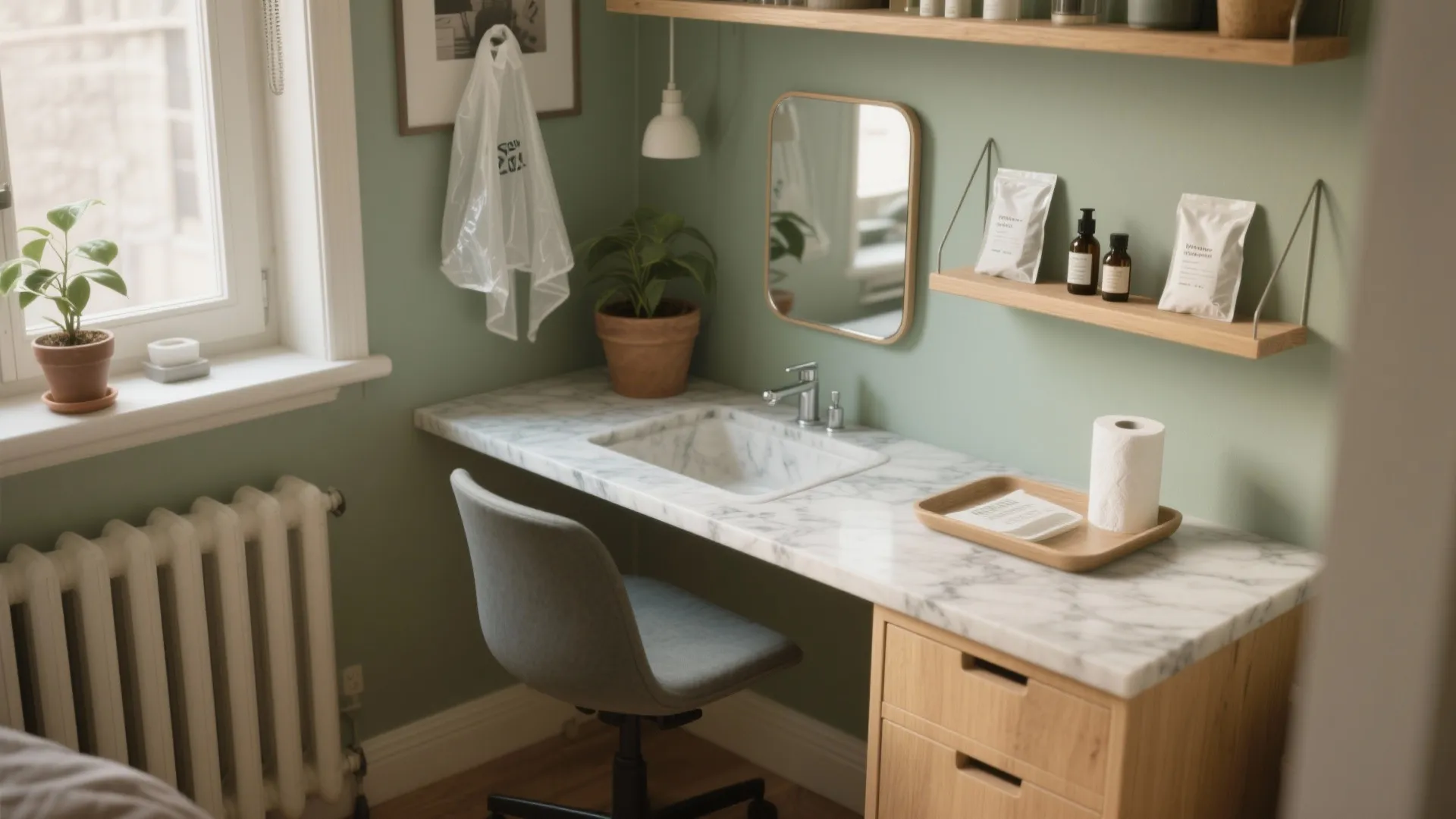Compact home office and sink area with green walls marble desk grey chair and drawers