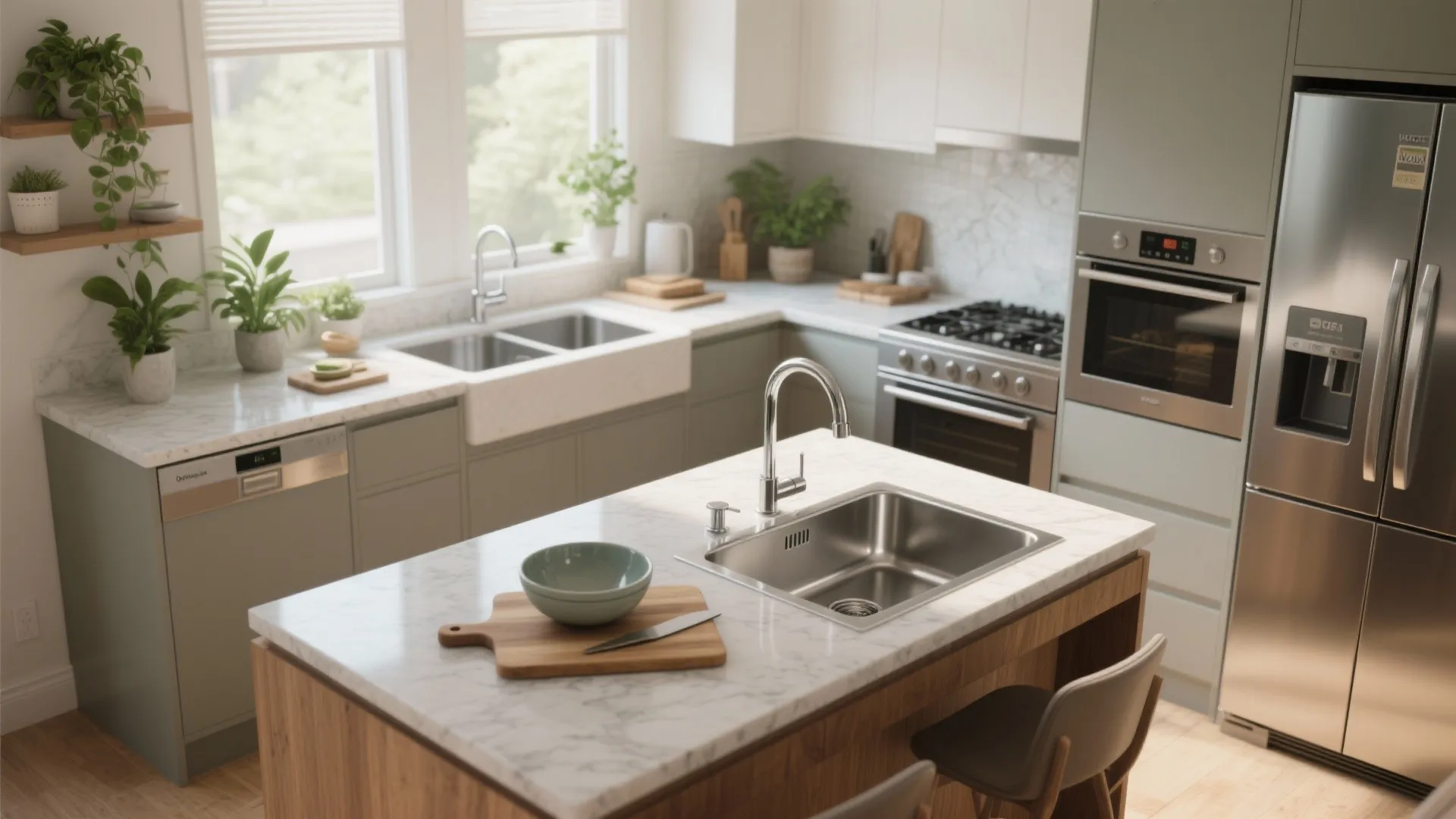 2. Compact Workstation Island with Integrated Sink