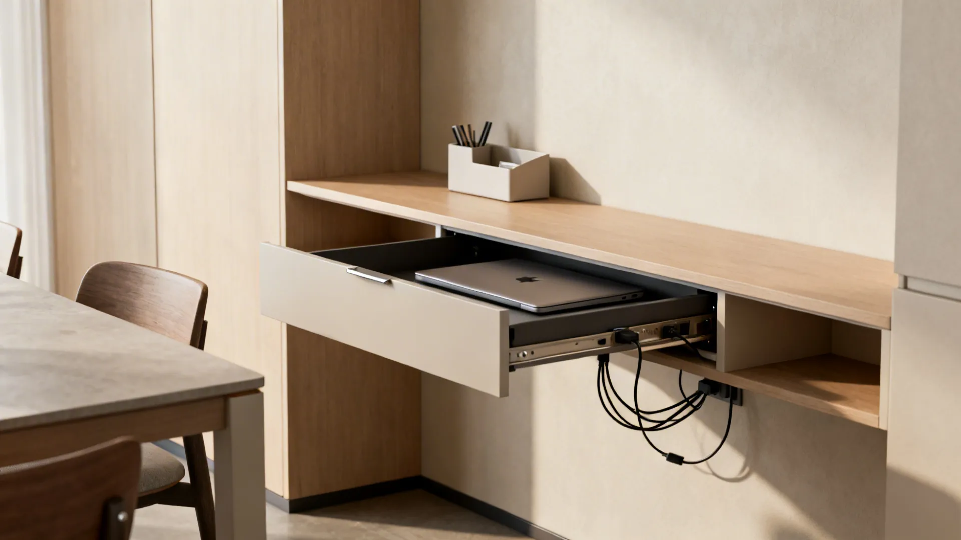 Fold-down desk with hidden laptop drawer and cable management in a dining corner.