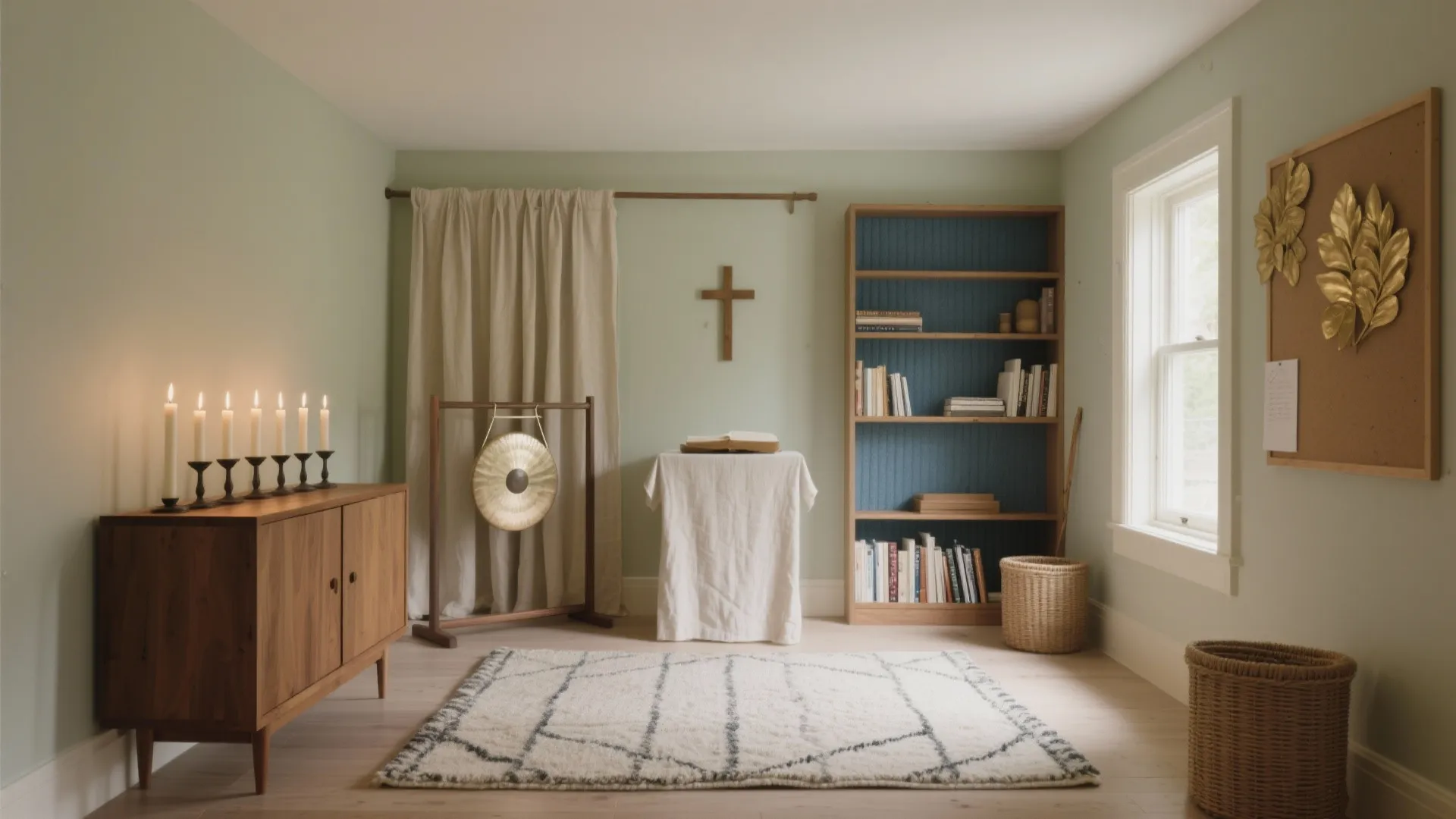 Meditation room with green walls, wood cabinet, candles, a hanging gong, bookshelf, and patterned rug
