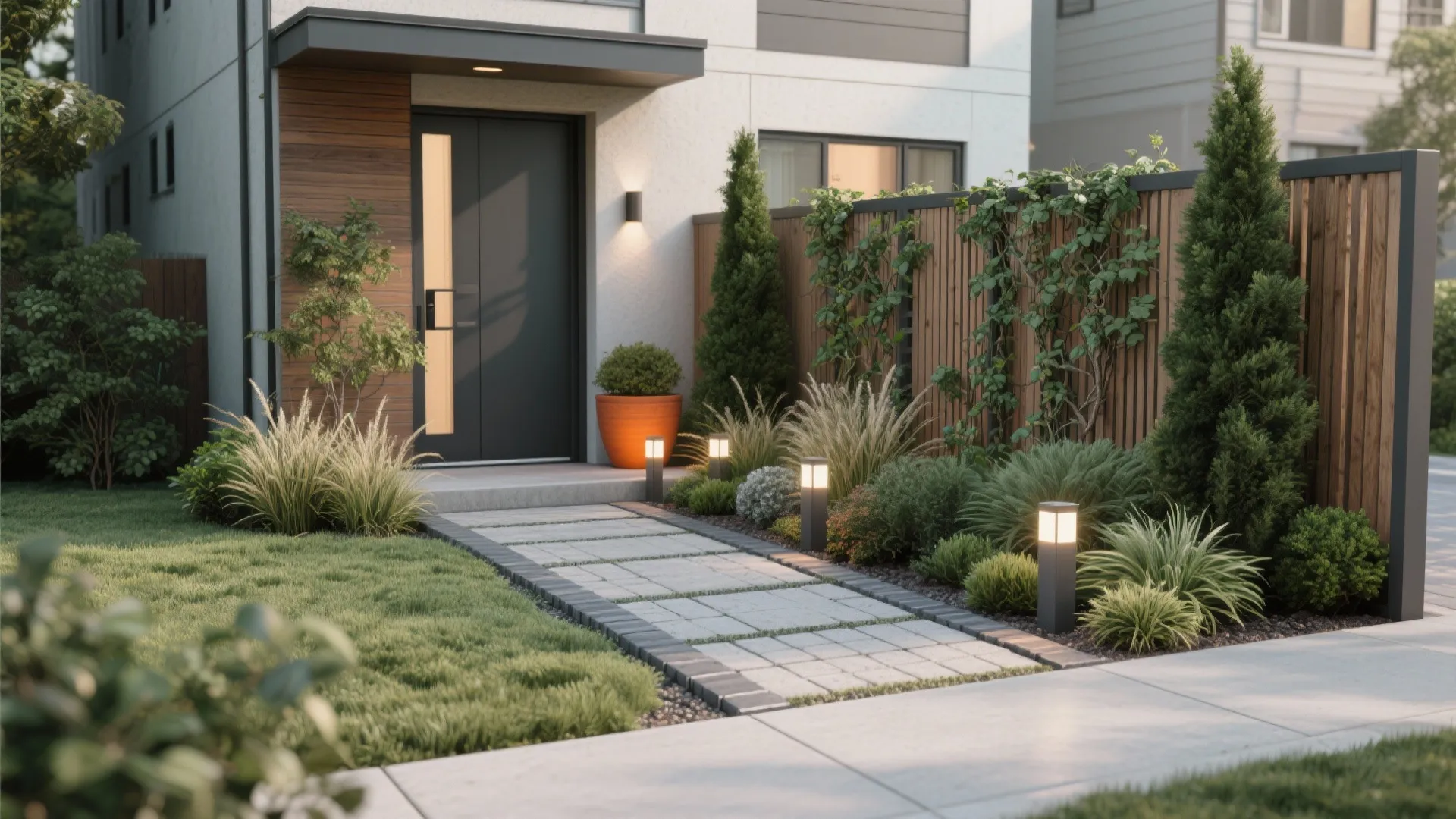 Modern house entrance with stone path small garden wooden fence floor lights and green plants