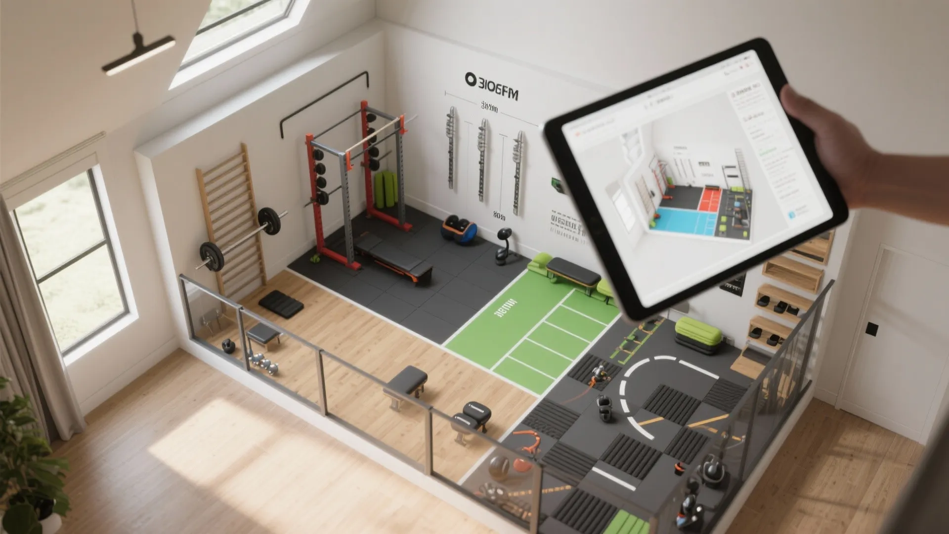 Interior design drawing of a gym layout showing workout equipment through a digital tablet view