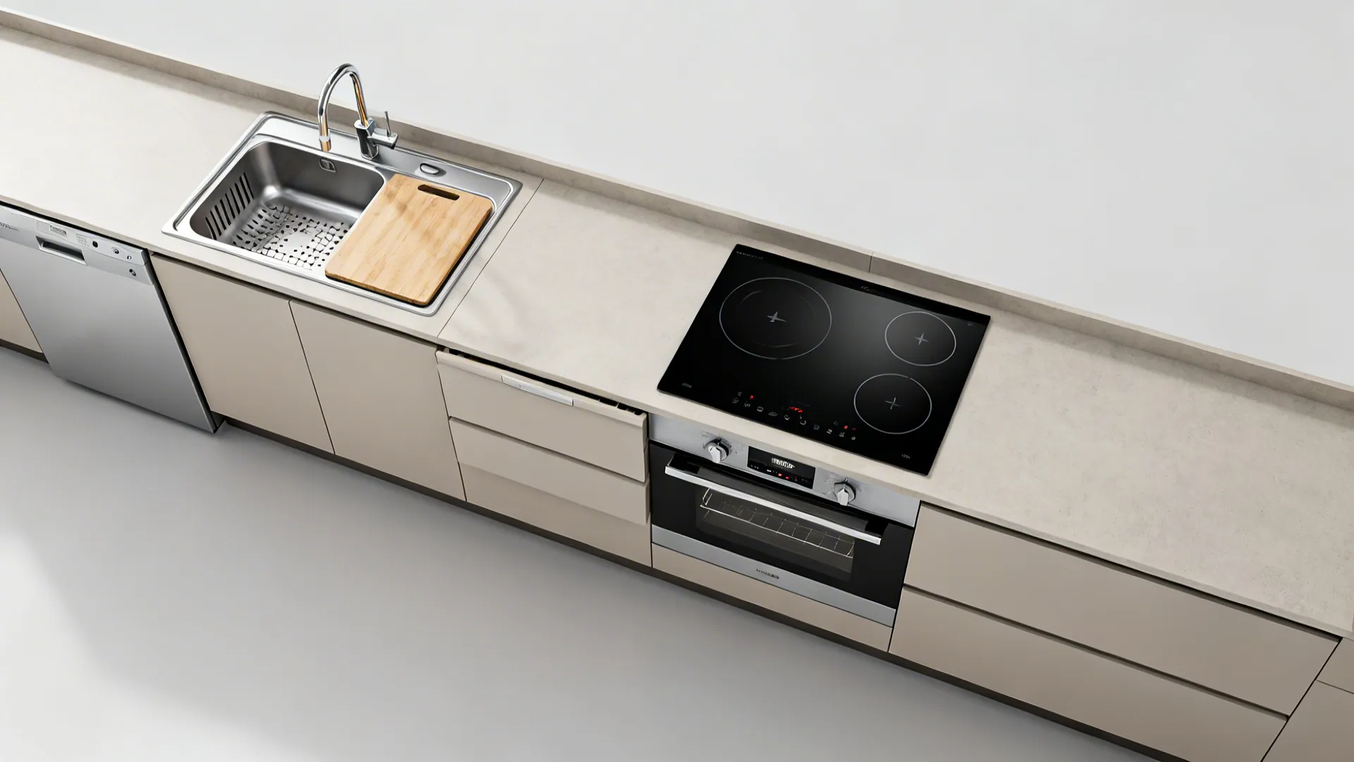 Top-down plan of a single-wall kitchen with prep, cook, and clean zones using compact appliances.