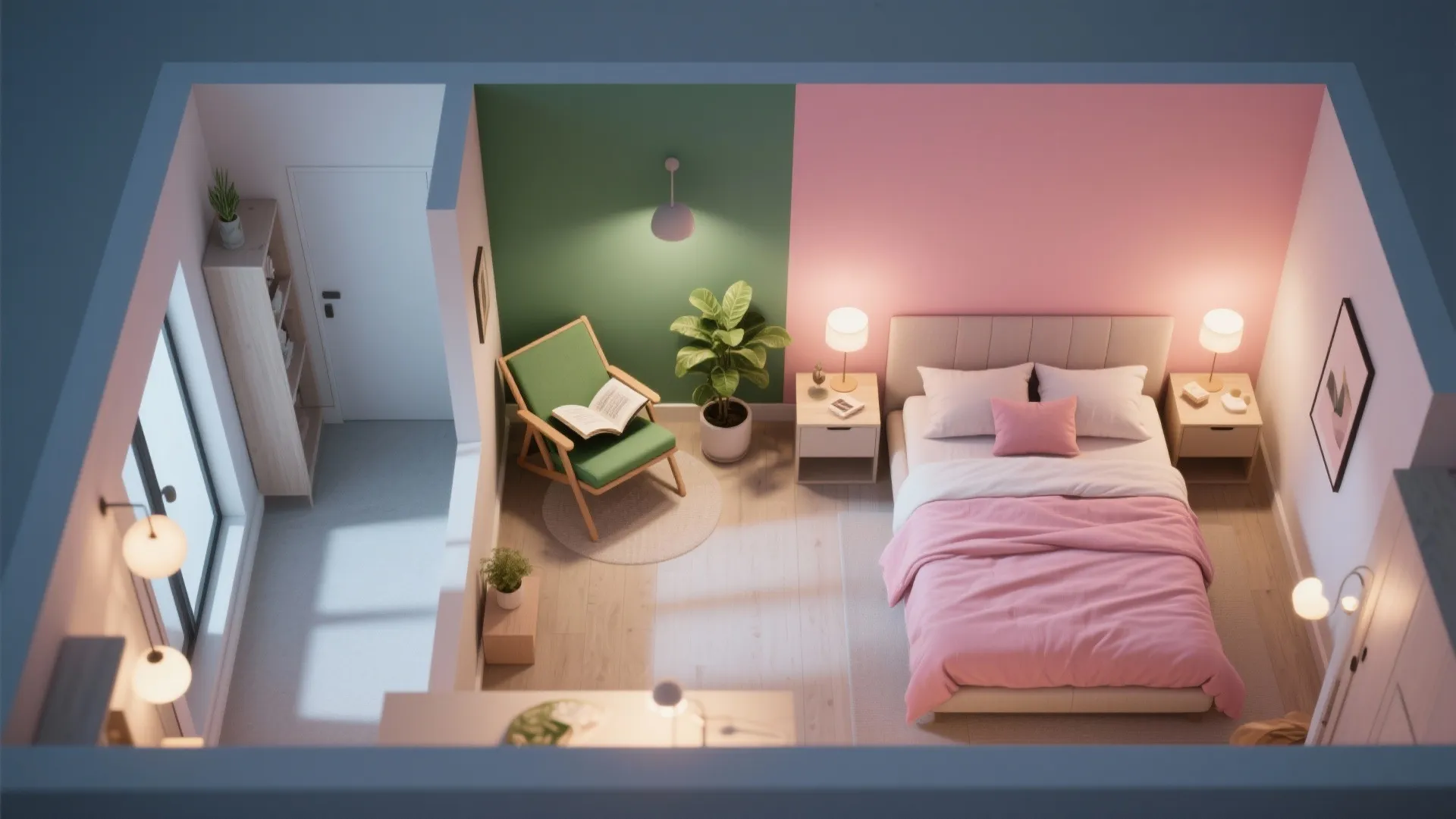 Top-down render of a compact studio showing green reading nook and pink sleeping zone with neutral pathways.