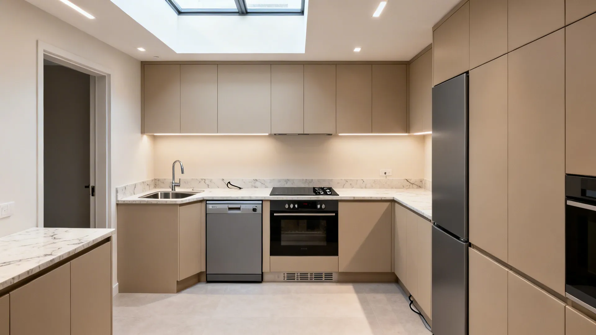 Compact kitchen with integrated 24-inch dishwasher, 60 cm oven, and counter-depth fridge in clear zones.