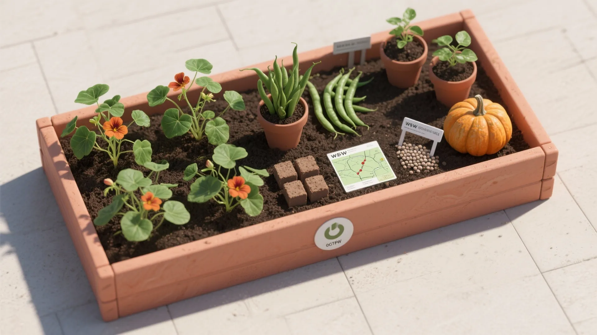 Raised garden bed filled with soil showing orange flowers green beans and one small pumpkin