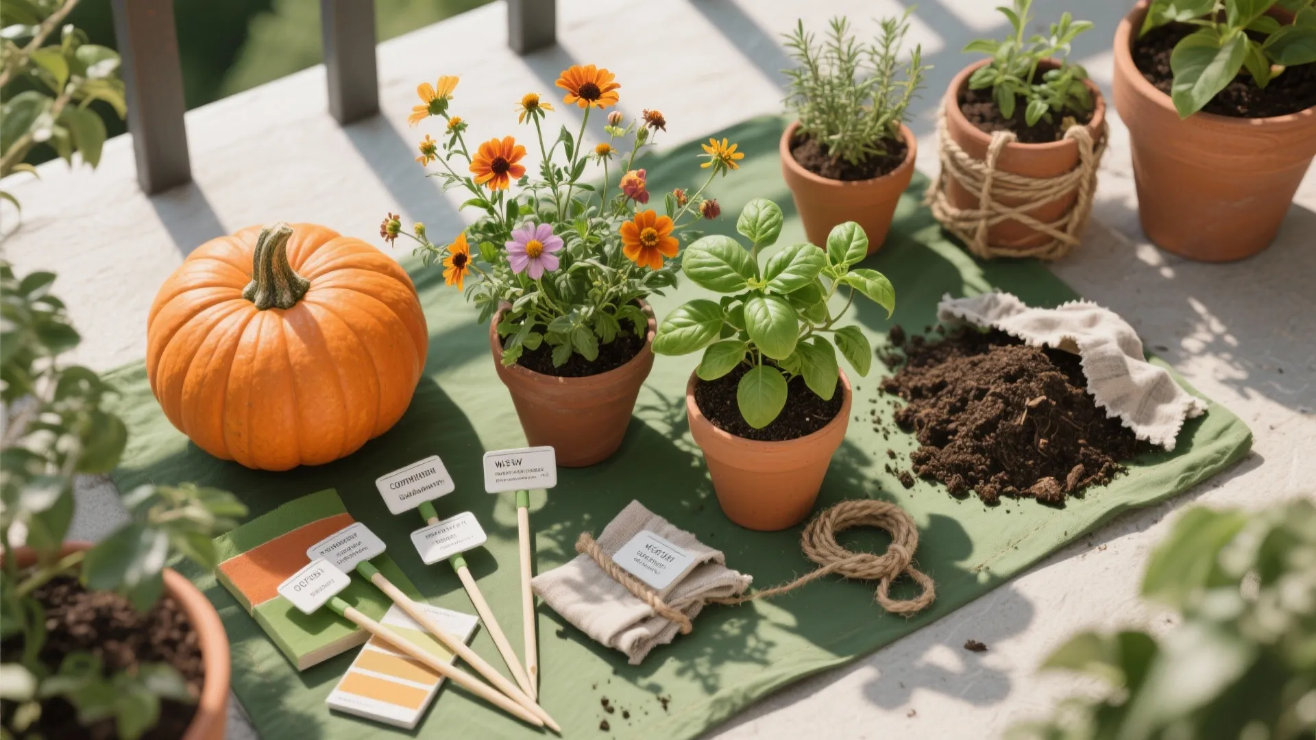 A large orange pumpkin sitting next to small flower pots and gardening tools on green fabric