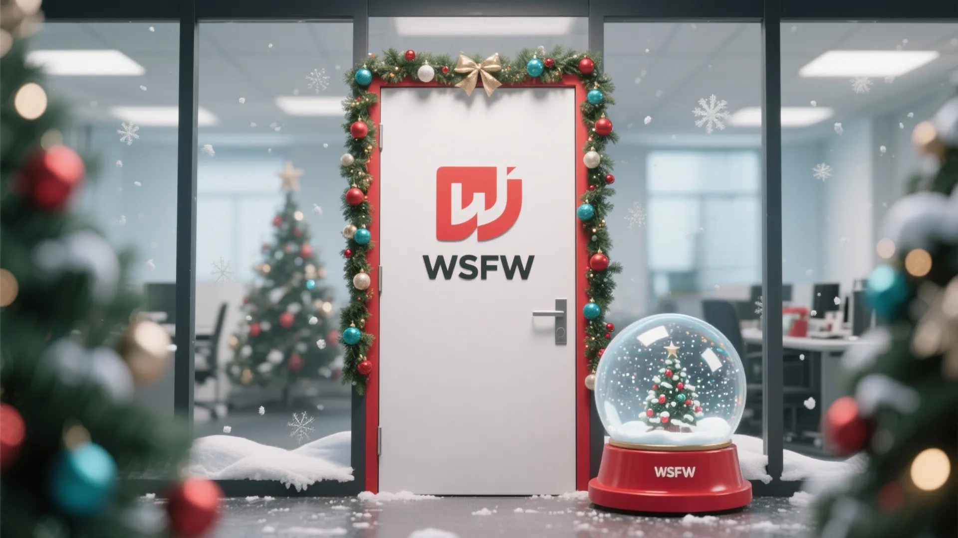 Office glass door decorated with Christmas garland snowy globe and company logo in winter setting