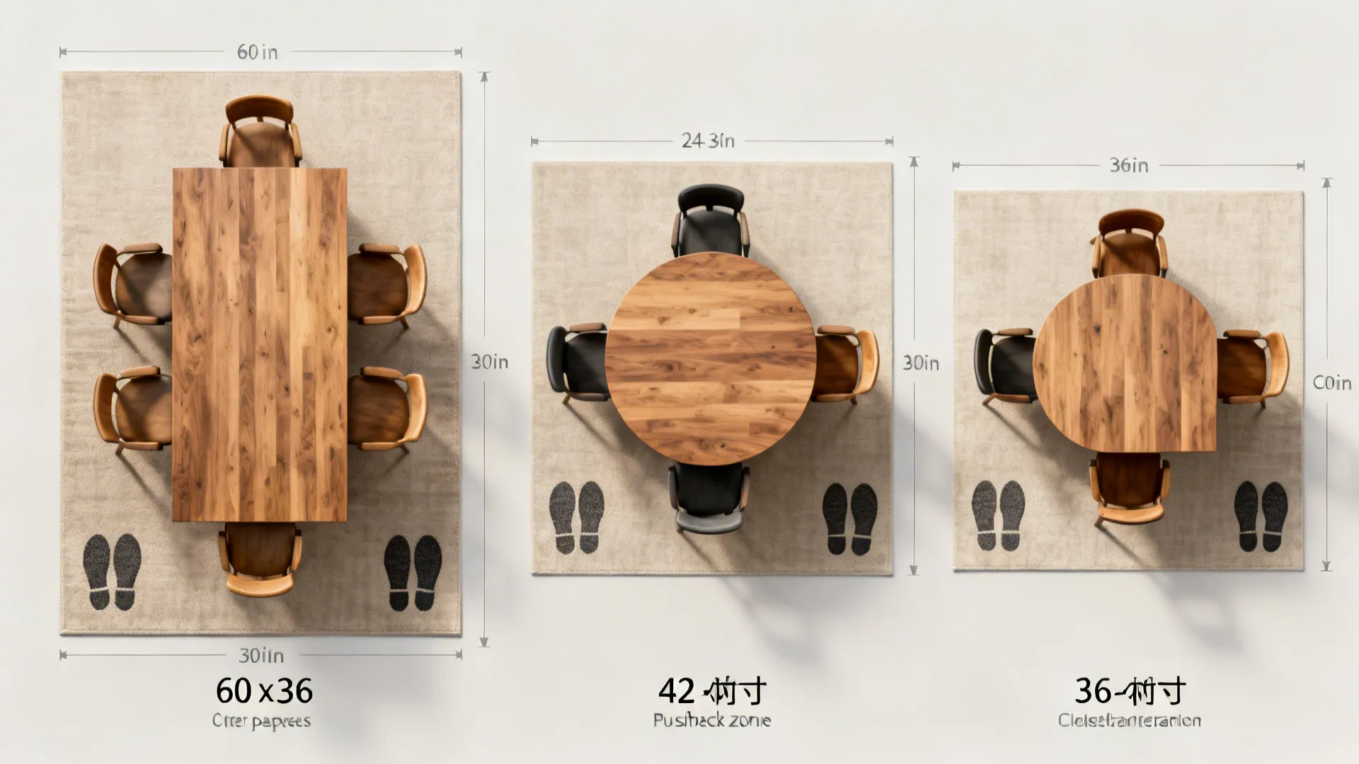 Top-down comparison of rectangular, round, and square tables with clearances and chair pushback zones.