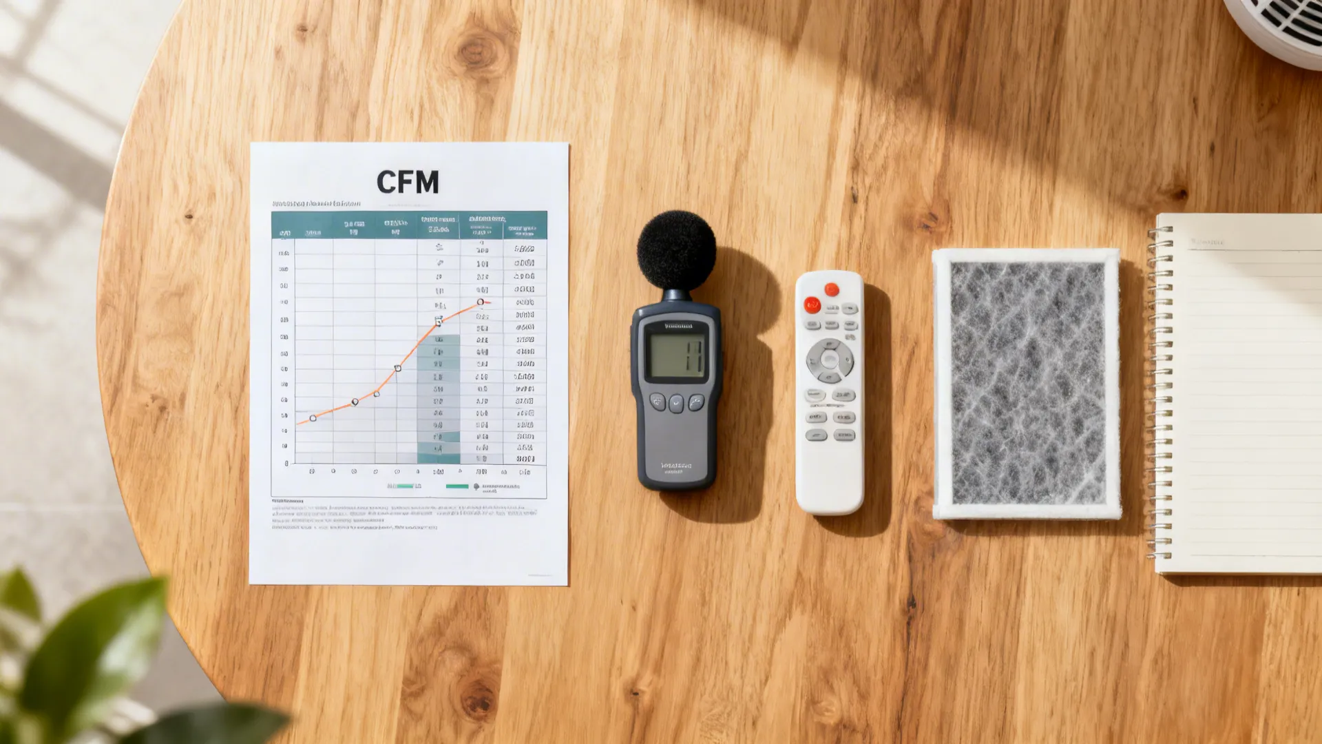 Flatlay showing CFM chart, decibel meter, remote and filter samples for comparing tower fans